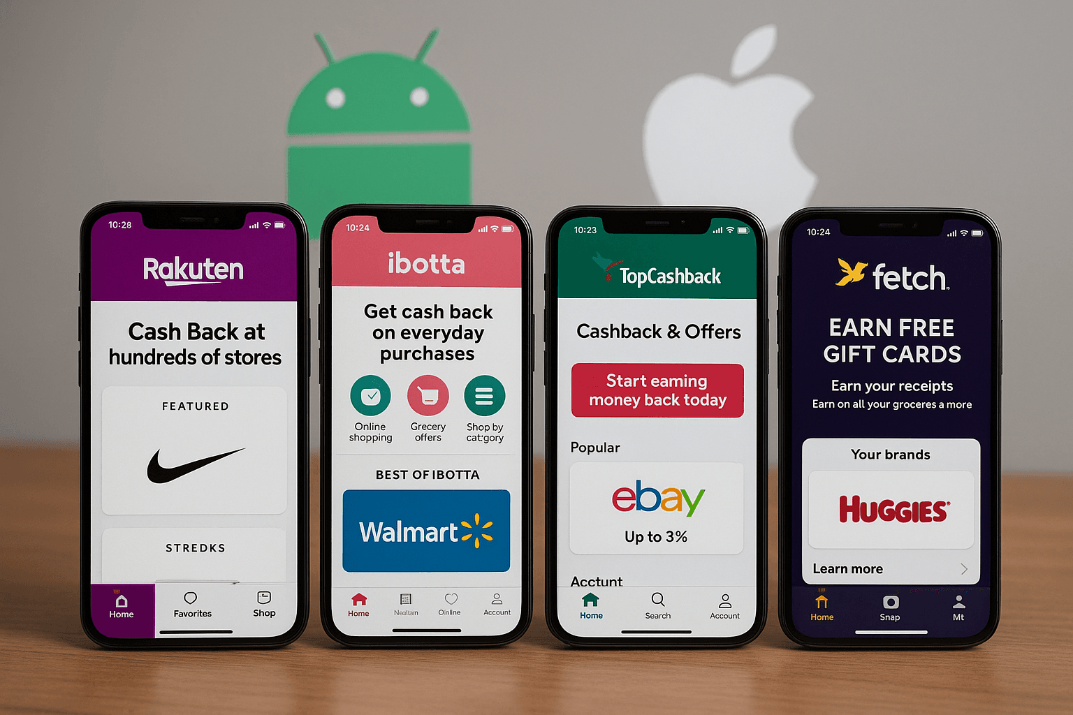 Un montage montrant plusieurs smartphones posés côte à côte, chacun affichant l’écran d’accueil d’une application de cashback populaire. Les logos d’Android et d’iOS sont visibles en arrière-plan, symbolisant la compatibilité multiplateforme.