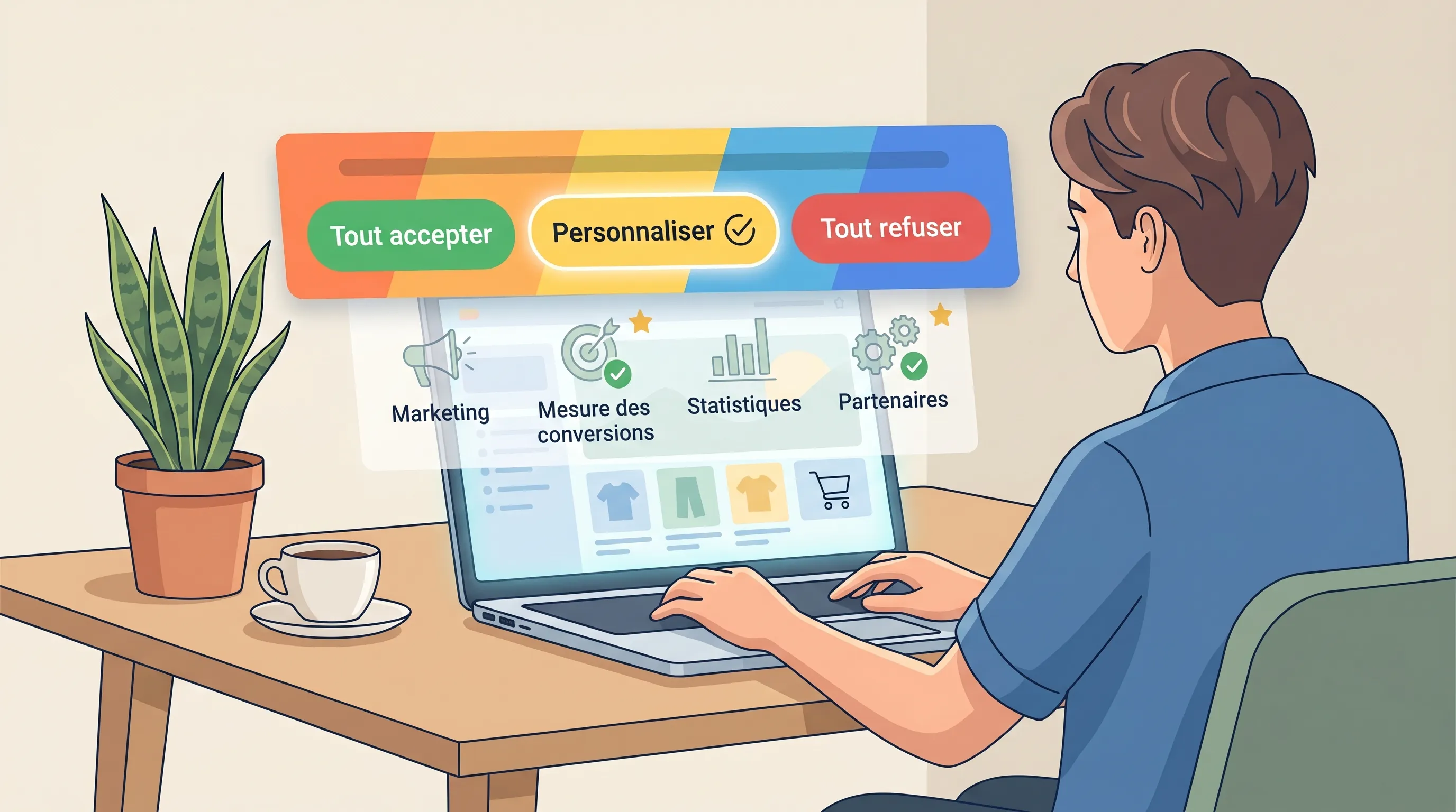 Bandeau de consentement cookies sur un site e‑commerce affichant 'Tout accepter', 'Tout refuser' et 'Personnaliser', avec mise en évidence des options 'mesure des conversions' et 'partenaires', illustrant l'impact des cookies sur l'attribution du cashback.