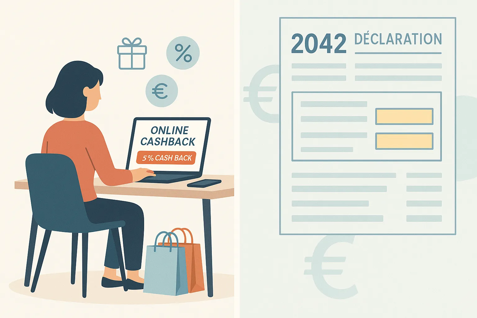Tableau de suivi cashback affiché sur un écran d'ordinateur avec factures et stylo, illustrant la déclaration fiscale des gains