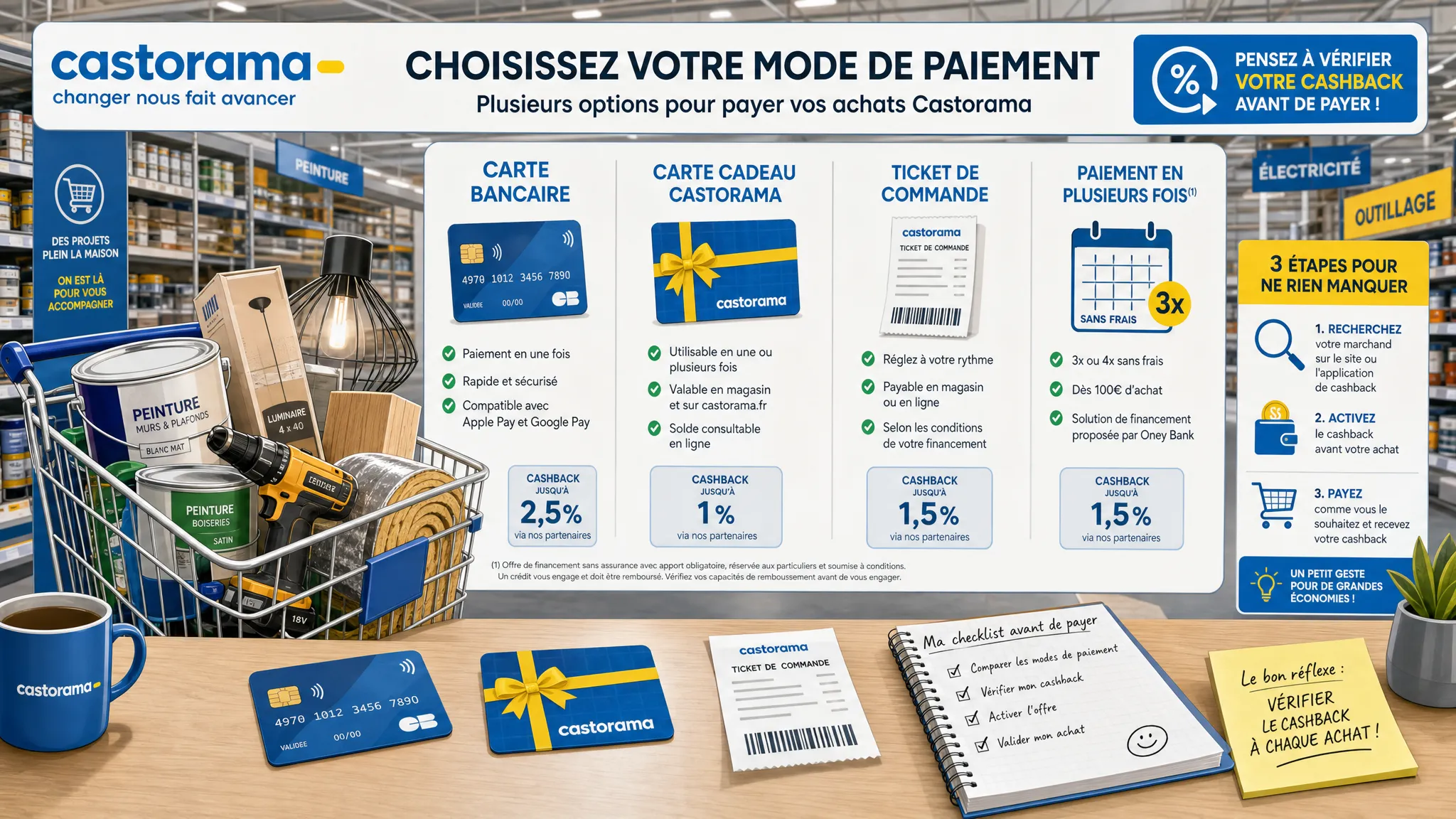 Un établi de bricolage avec pots de peinture, outils, plan de rénovation, carte bancaire et carte cadeau posés à côté d’un panier d’achat Castorama, illustrant la comparaison des options de cashback pour les travaux de maison.