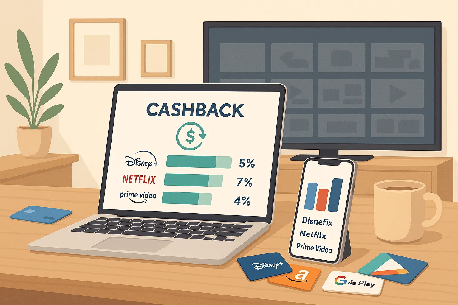 Un salon moderne avec un grand téléviseur allumé sur un service de streaming, une tablette ouverte sur une application de cashback posée sur la table basse, illustrant l’idée d’économiser sur les abonnements vidéo.
