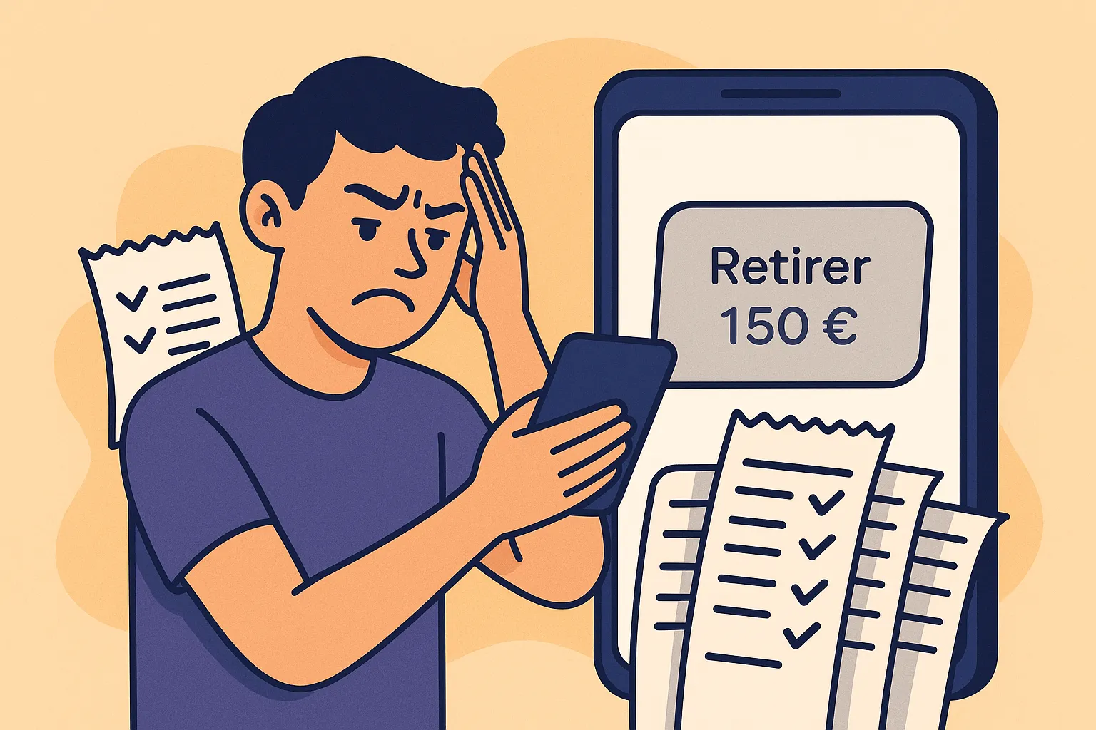 Une illustration de style flat : un utilisateur exaspéré regarde l’écran de son smartphone affichant un bouton « Retirer 150 € » grisé, tandis que derrière lui s’empilent des tickets de caisse symbolisant des achats validés mais non encaissés.