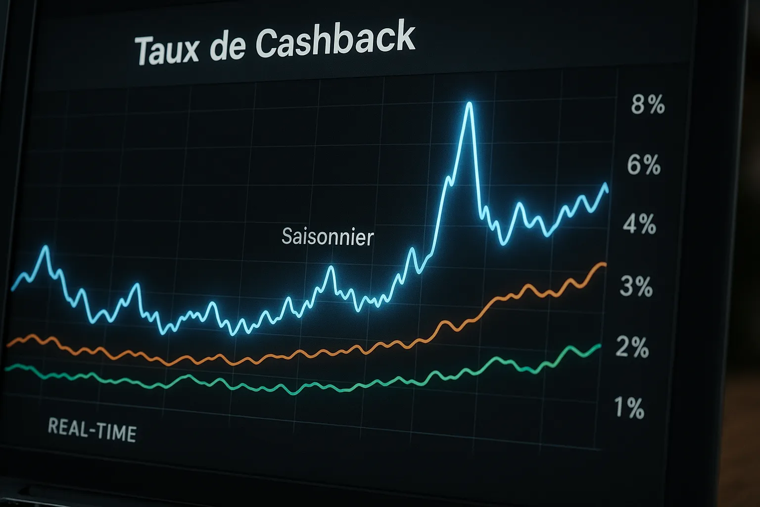 Un graphique en temps réel affichant l'évolution dynamique des taux de cashback avec des lignes de tendance et des pics saisonniers.