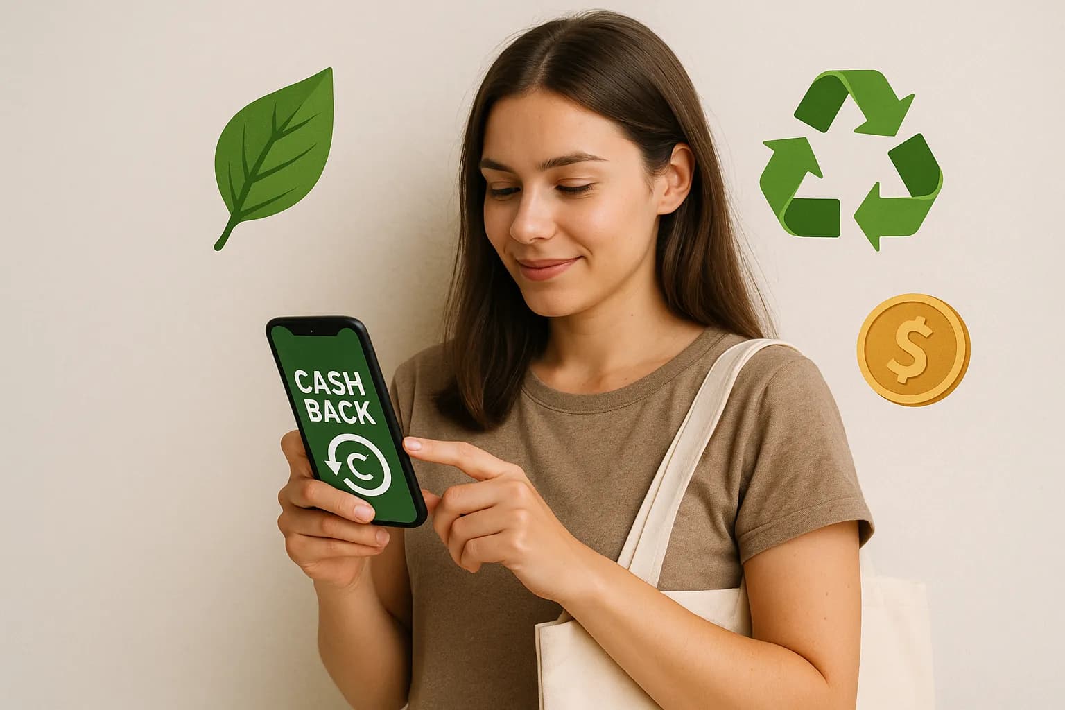 Illustration montrant une jeune femme consultant une application de cashback sur son smartphone tout en tenant un tote bag réutilisable, entourée d’icônes représentant des feuilles vertes, un symbole de recyclage et des pièces de monnaie. L’ambiance transmet l’idée d’achats responsables et d’économies.