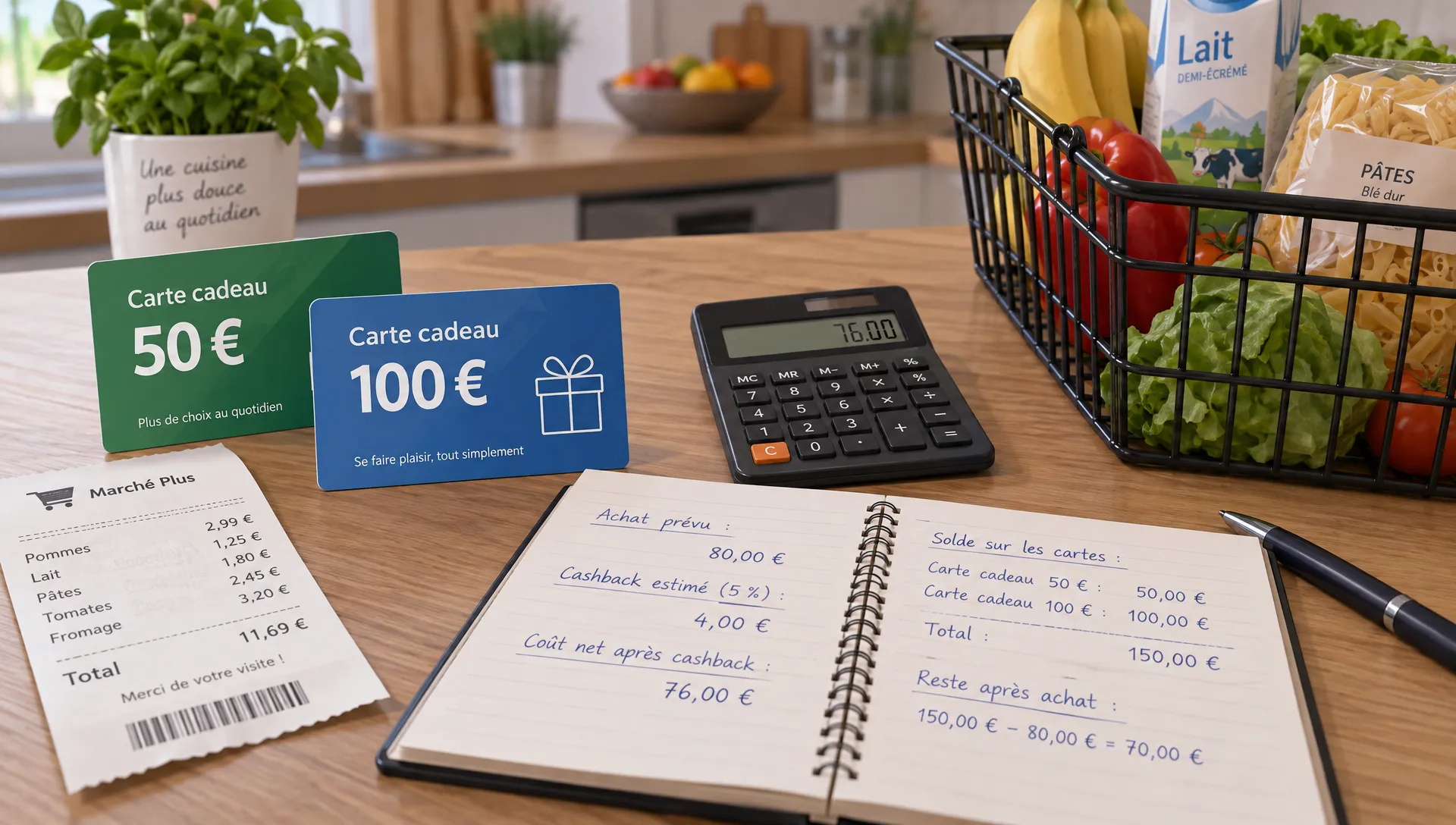 Deux cartes cadeaux de montants différents accompagnent un ticket et des notes de calcul pour comparer eBuyClub ou iGraal.