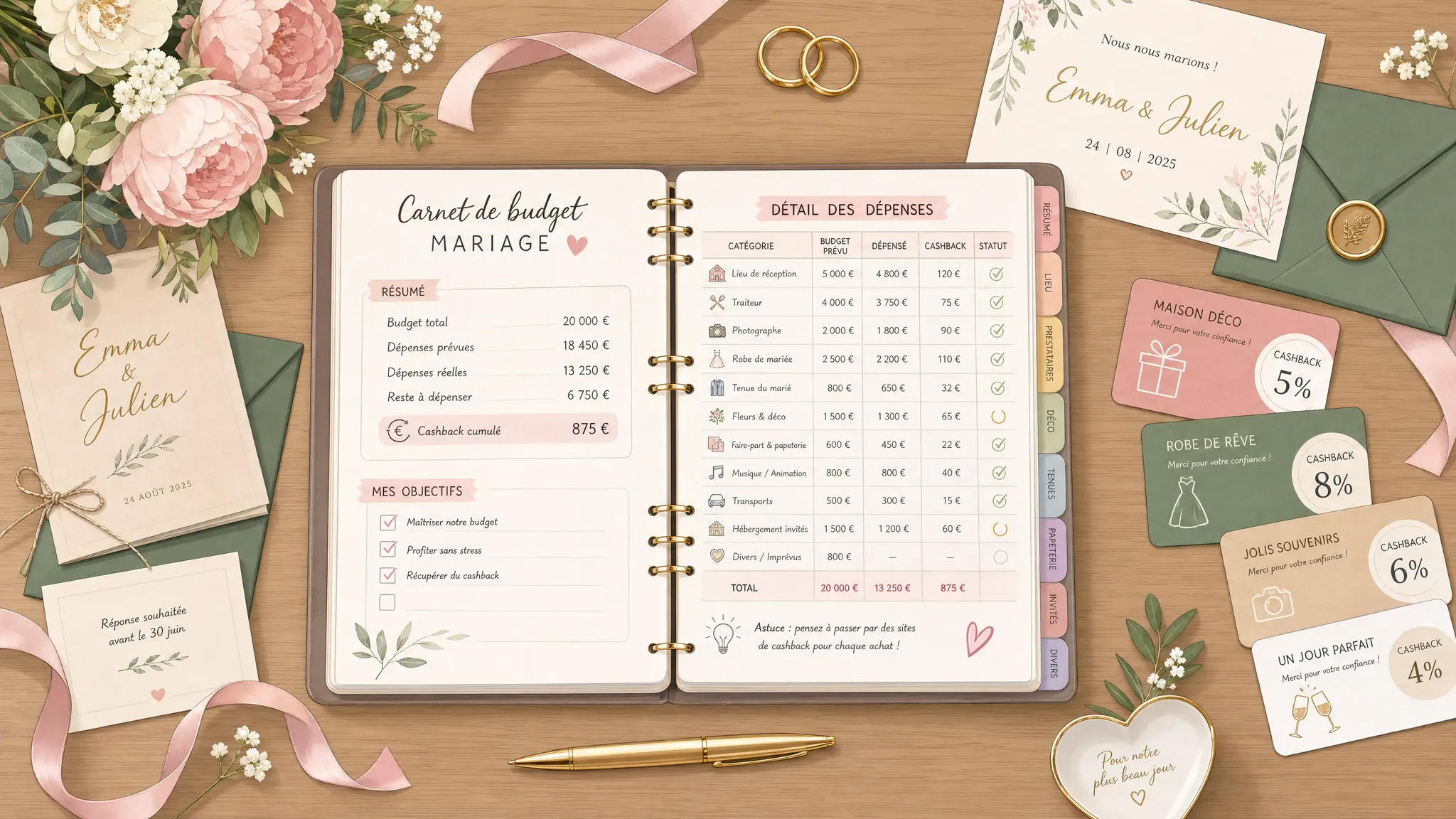 Un carnet de budget de mariage ouvert sur une table, entouré de faire-part, alliances, fleurs, rubans, enveloppes et cartes cadeaux, vu de dessus pour illustrer la planification des dépenses avec cashback.