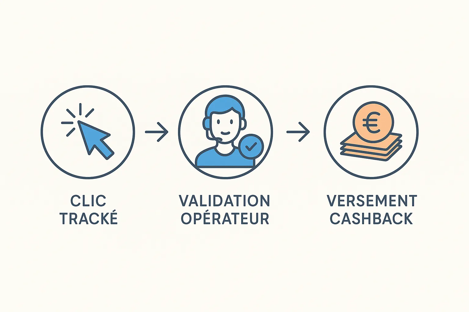 Diagramme simple montrant le processus : clic tracké → validation opérateur → versement cashback.