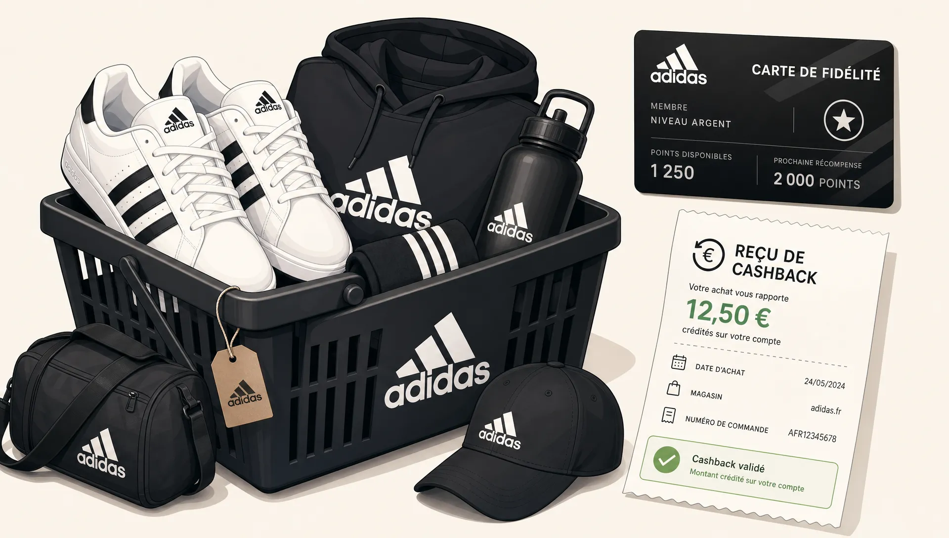 Un panier Adidas avec des baskets, un sweat et des accessoires de sport, accompagné d’une carte de fidélité et d’un reçu de cashback.