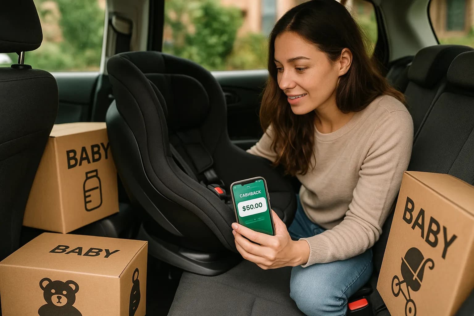 Une jeune maman installant un siège auto neuf, un smartphone à la main affichant une cagnotte de cashback, entourée de cartons d’achats pour bébé.