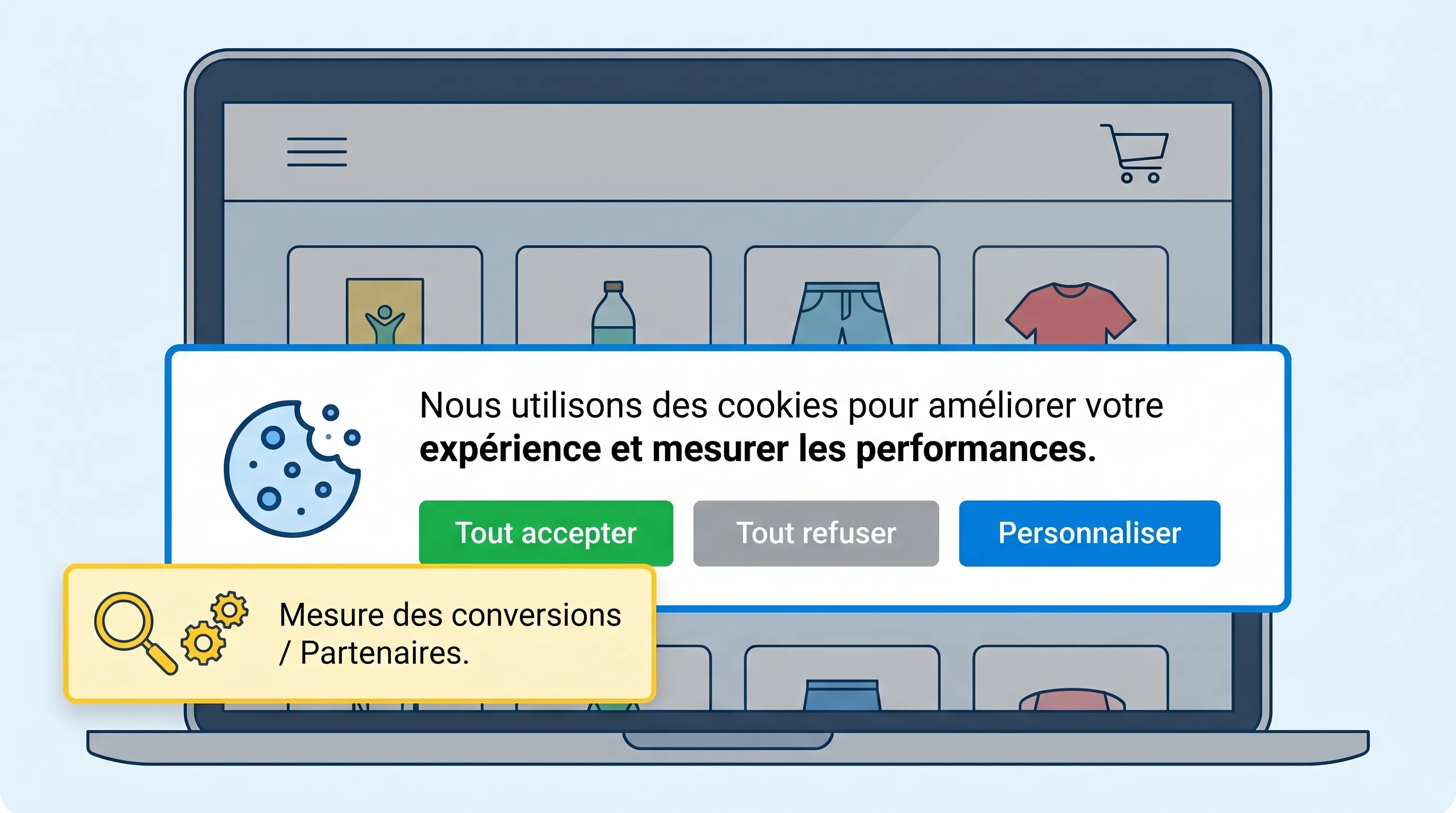 Illustration d’un bandeau de consentement cookies sur un site e-commerce, avec options “Tout accepter”, “Tout refuser” et “Personnaliser”, et une mise en évidence de la zone “mesure des conversions / partenaires”.