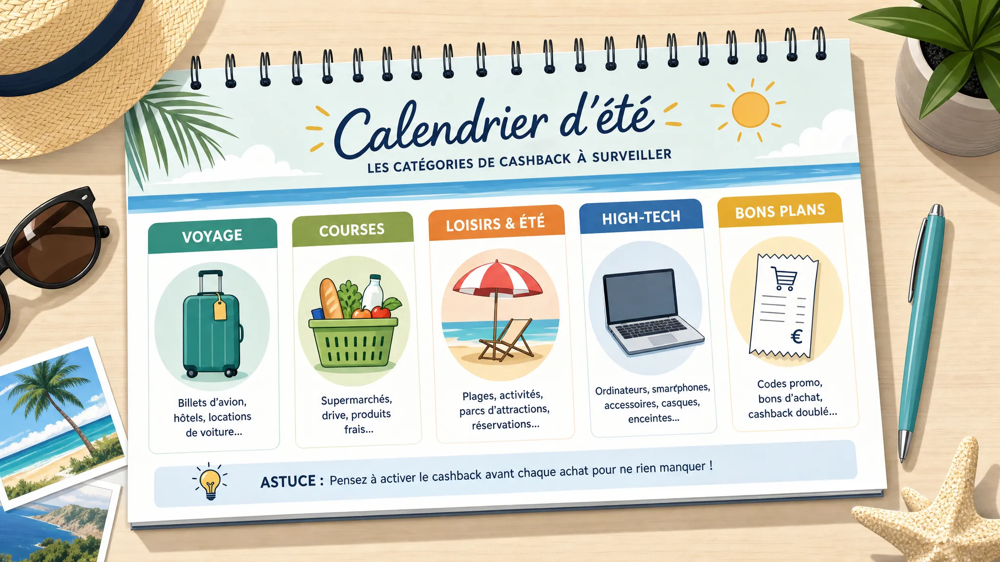 Un calendrier d’été posé à plat avec des pictogrammes de valise, panier de courses, parasol, ordinateur portable et ticket de caisse, illustrant les principales catégories de cashback à surveiller.