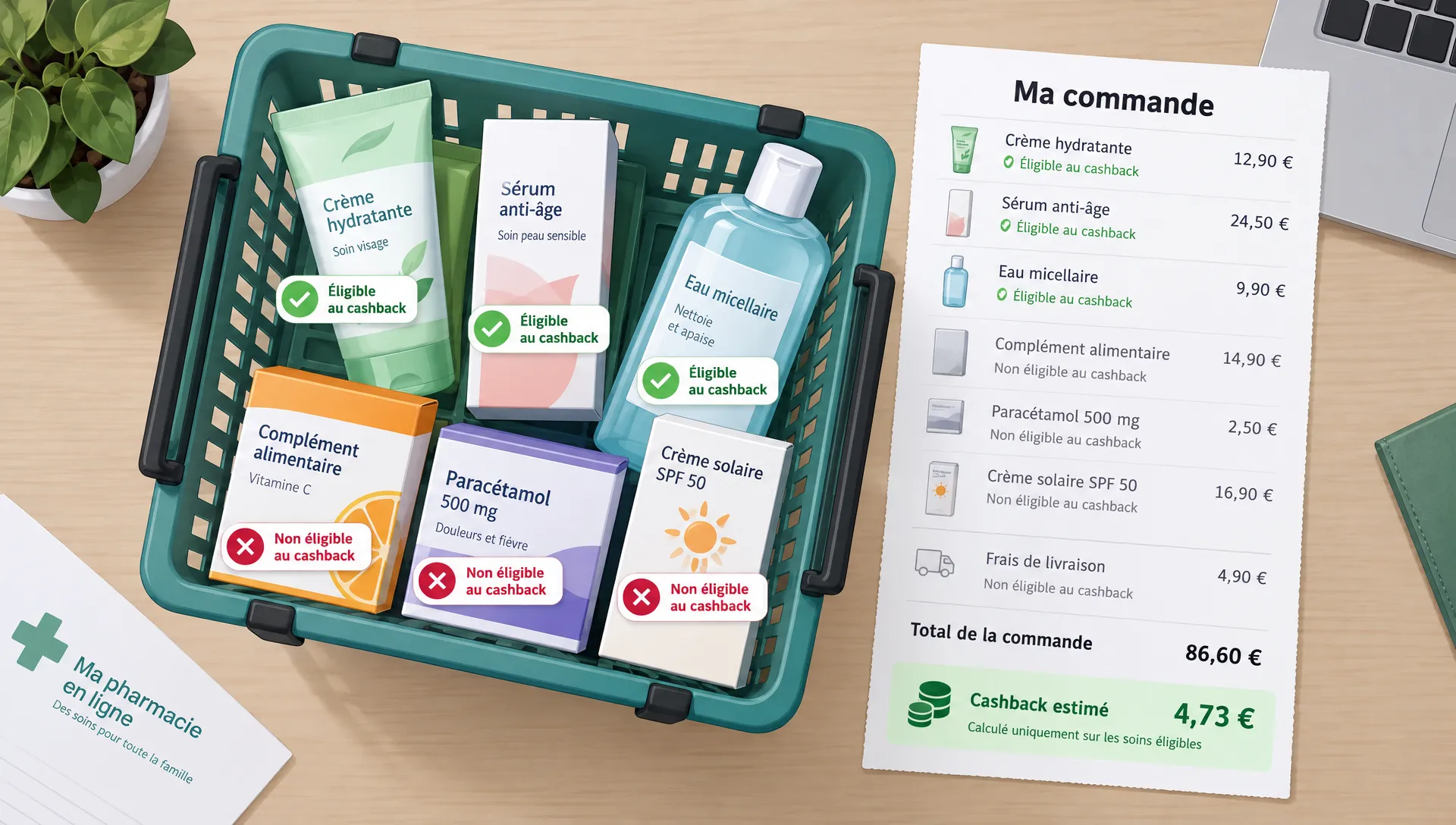 Vue de dessus d’un panier de commande avec des soins éligibles, des articles exclus, une facture et une ligne de frais de livraison, pour illustrer le calcul du cashback pharmacie en ligne.