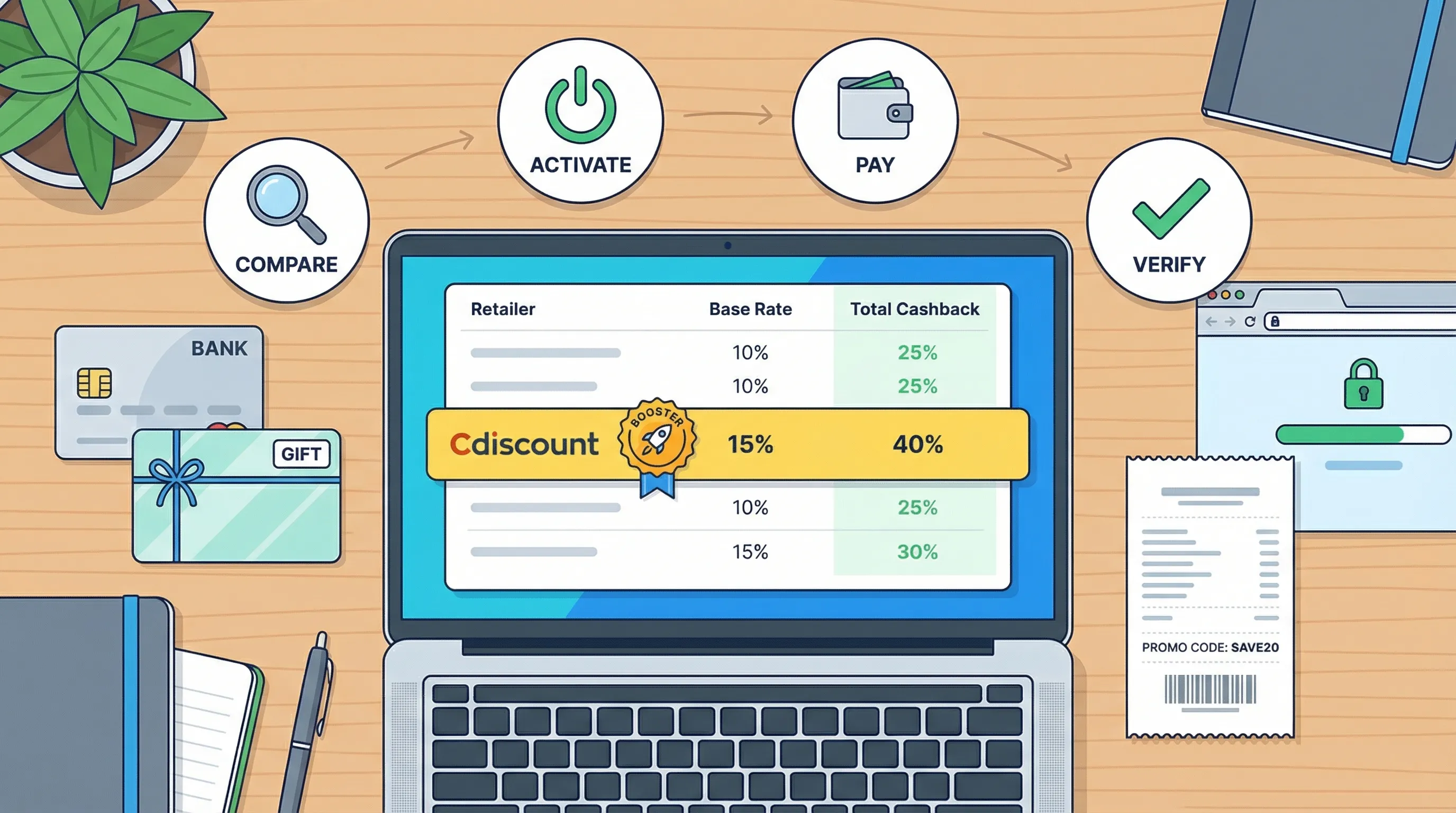 Écran affichant la fiche Cdiscount avec un badge « booster » sur le taux de cashback, accompagné d’icônes de carte cadeau et de code promo