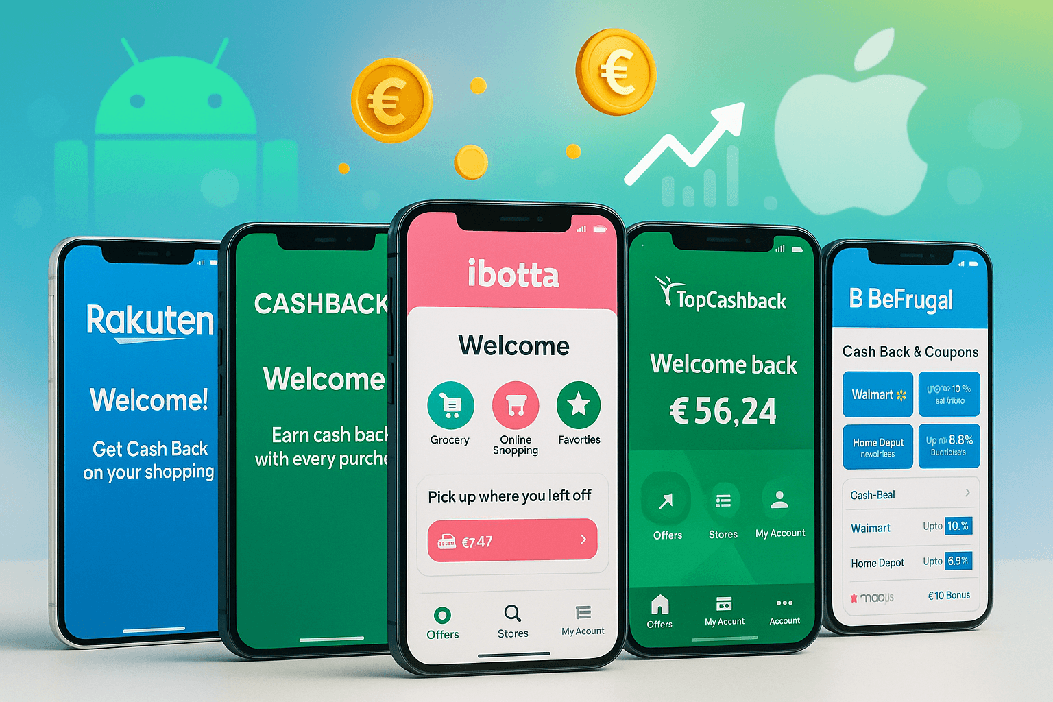 Montage de plusieurs smartphones affichant des applications de cashback populaires avec logos Android et iOS en arrière-plan