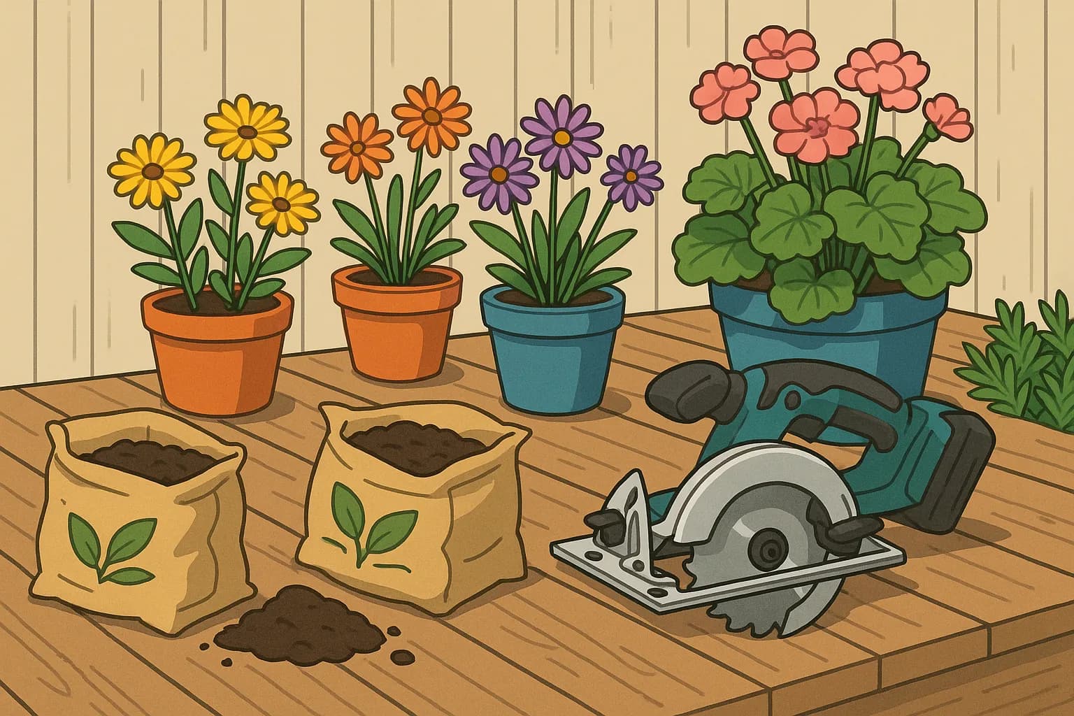 Une terrasse en bois accueille plusieurs pots de fleurs colorés, une scie circulaire sans fil et des sacs de terreau ouverts, illustrant la préparation d’un coin jardin avec outils et matériaux.