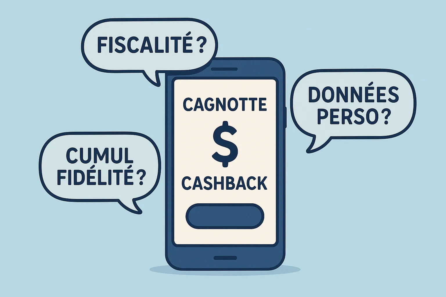 Un smartphone montrant une cagnotte cashback entouré de multiples bulles de dialogue symbolisant des questions : "fiscalité", "données perso", "cumul fidélité", sur un fond bleu clair.