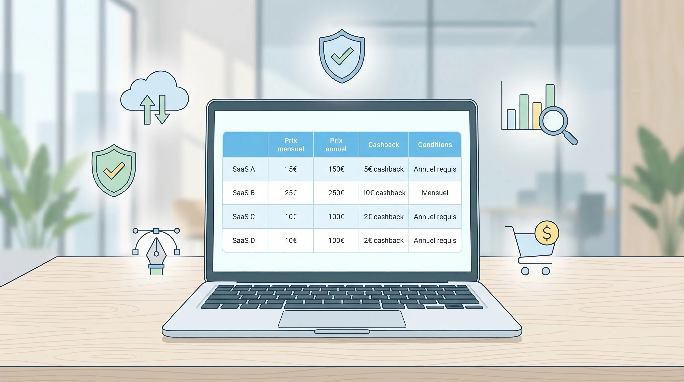 Personne comparant des offres d’abonnements SaaS sur un ordinateur portable ; l’écran montre les prix mensuel/annuel, une colonne “cashback” et les conditions d’éligibilité.