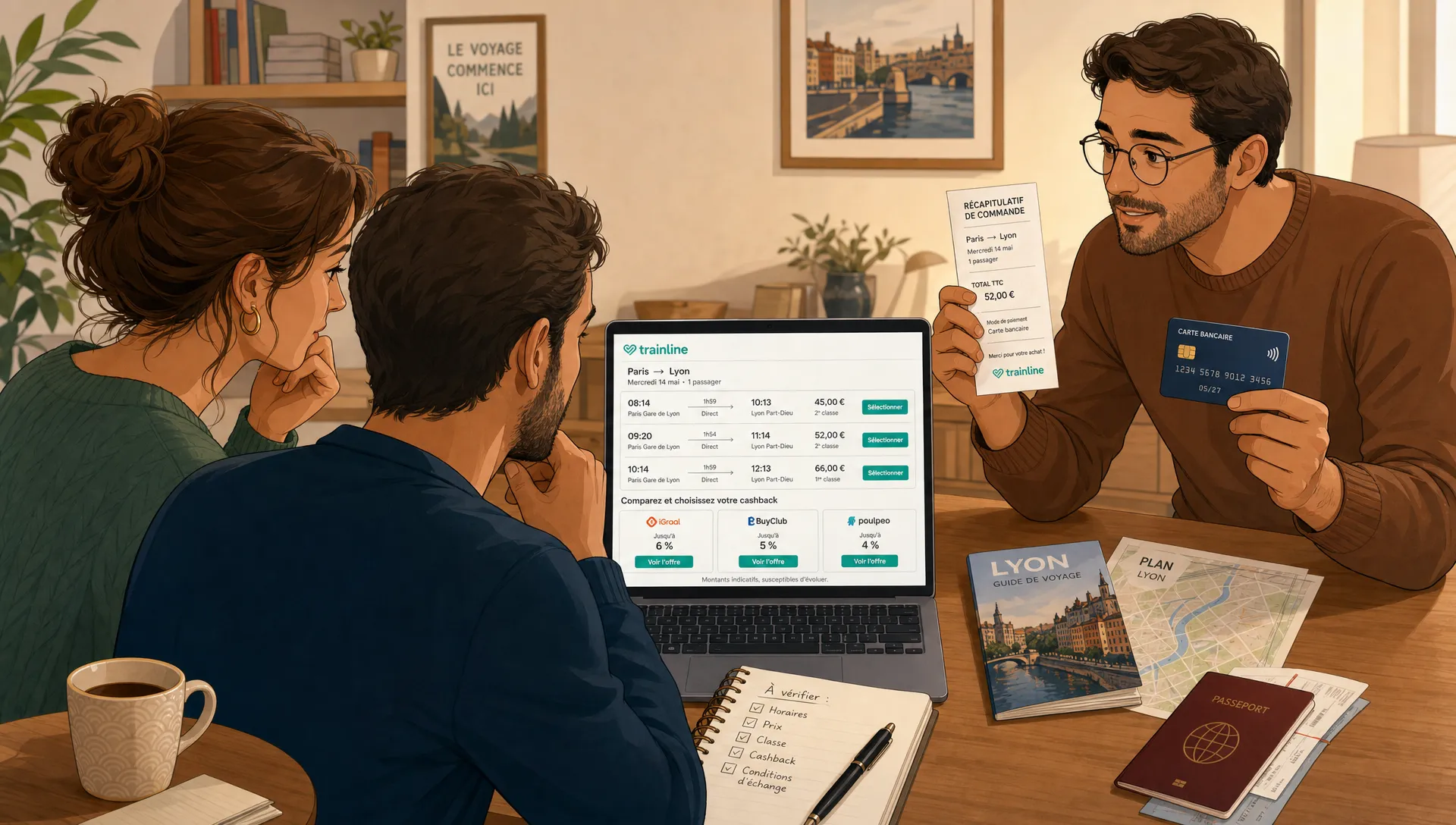 Un carnet de voyage, des billets de train et une carte bancaire posés sur une table, rappelant les économies possibles avec le cashback sur Trainline.