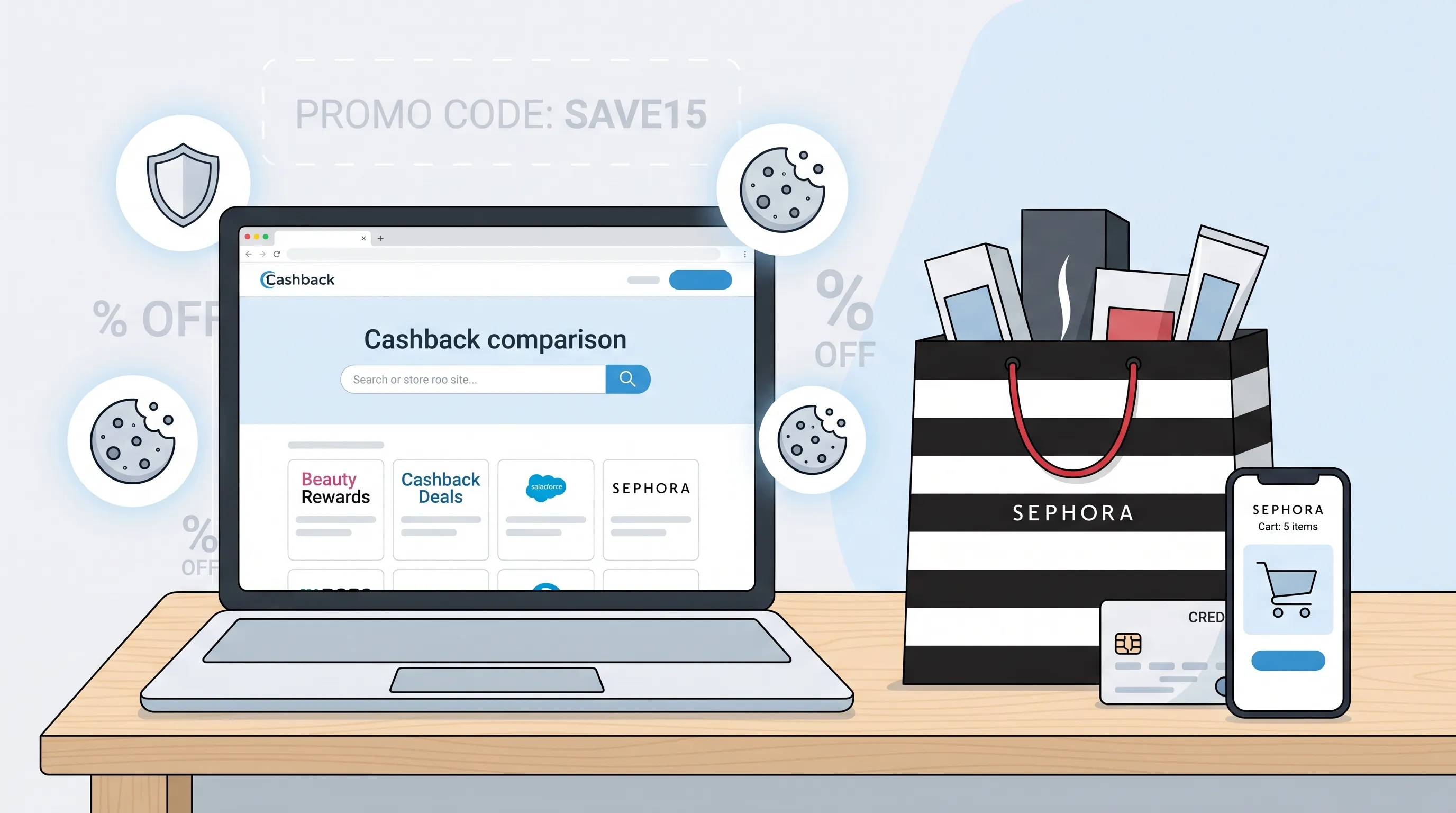 Bureau avec un sac Sephora, un ordinateur affichant un comparateur de cashback et un smartphone montrant un panier beauté ; icônes de cookies et un bouclier en arrière‑plan pour symboliser le tracking sécurisé.