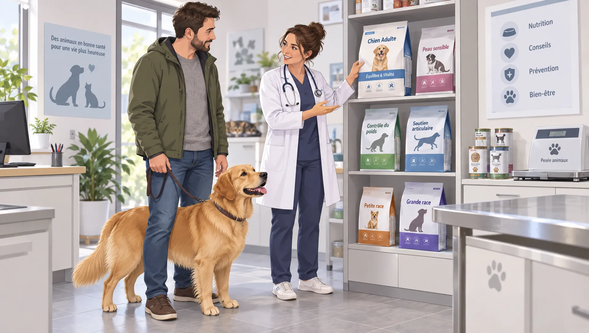 Un adulte compare sur une tablette les coûts livrés de croquettes, de litière et d’un harnais, avec ces articles visibles dans un panier près de la caisse d’une animalerie.