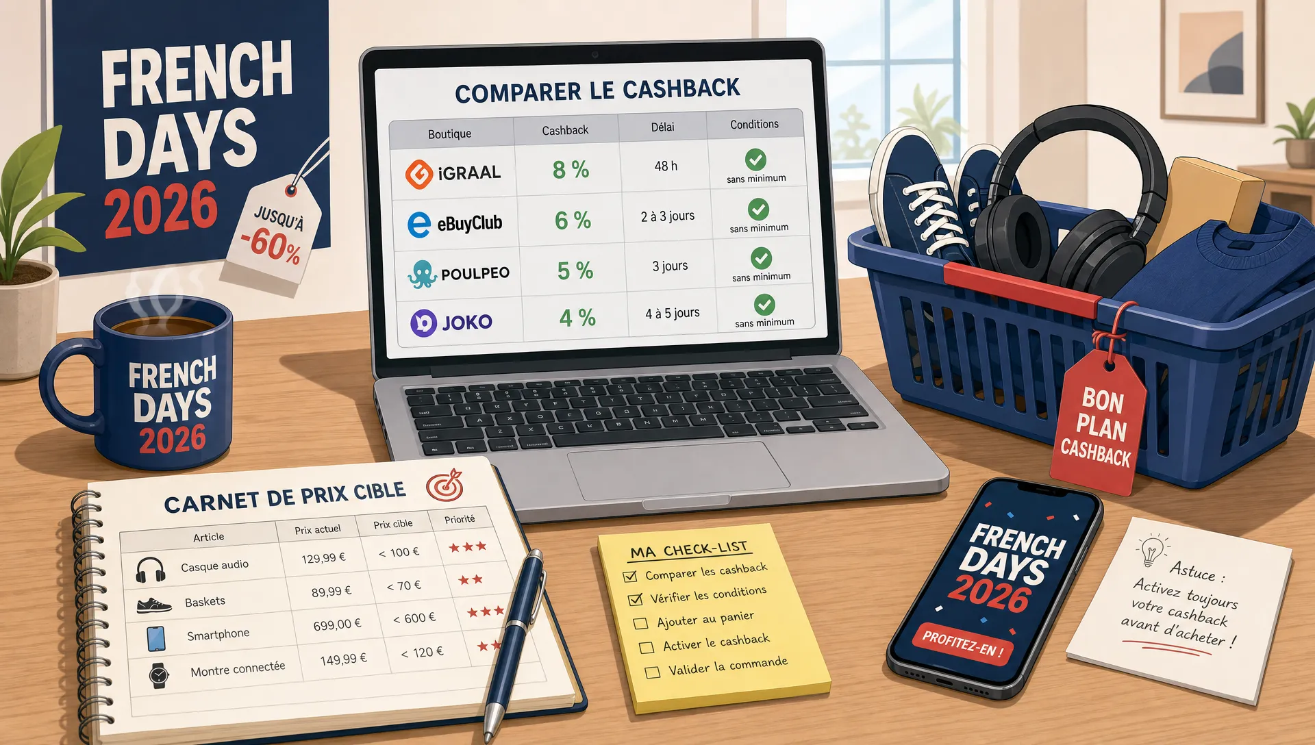 Une table de préparation d’achat avec un ordinateur, un carnet de prix cible et un panier de courses, pour comparer le cashback pendant les French Days 2026.