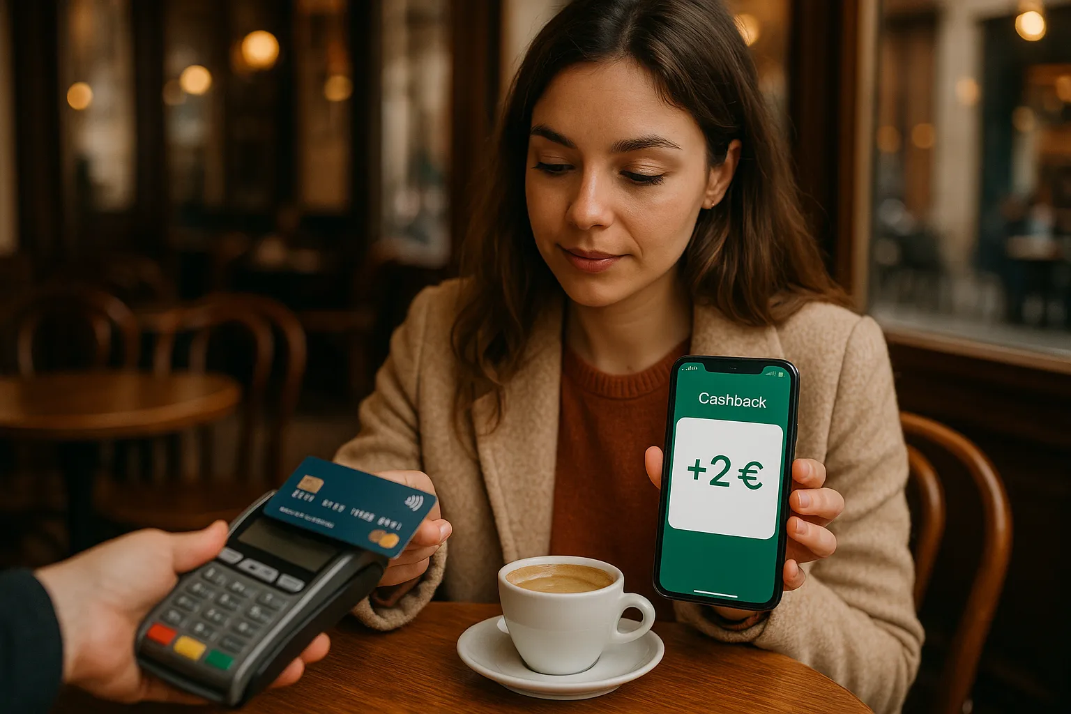 Une consommatrice paie son café avec une carte bancaire tout en consultant le solde de son appli cashback affichant +2 €, dans un décor de café parisien cosy.
