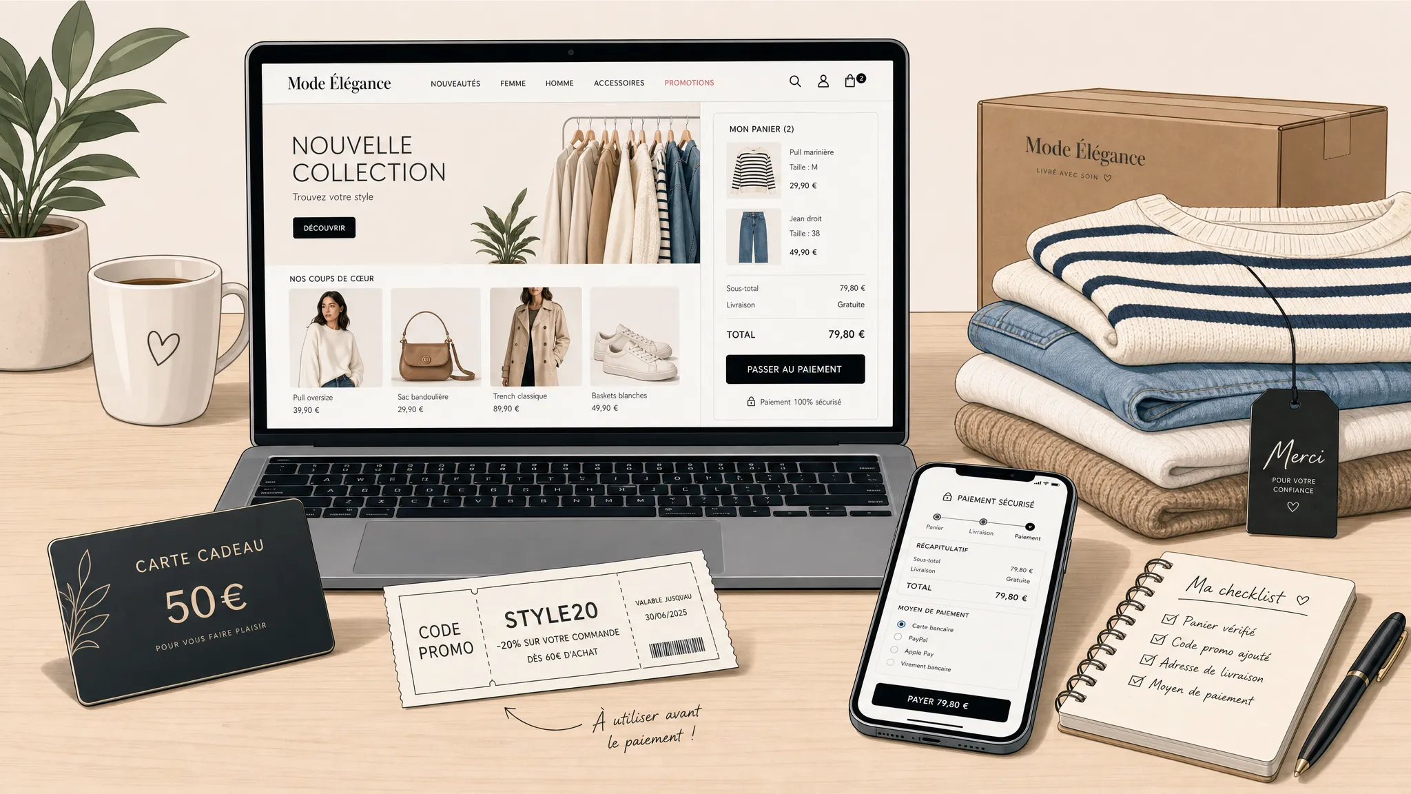 Un panier de vêtements pliés avec une carte cadeau, un carnet indiquant cashback, code promo et fidélité, et un téléphone posé à côté écran vers le haut.