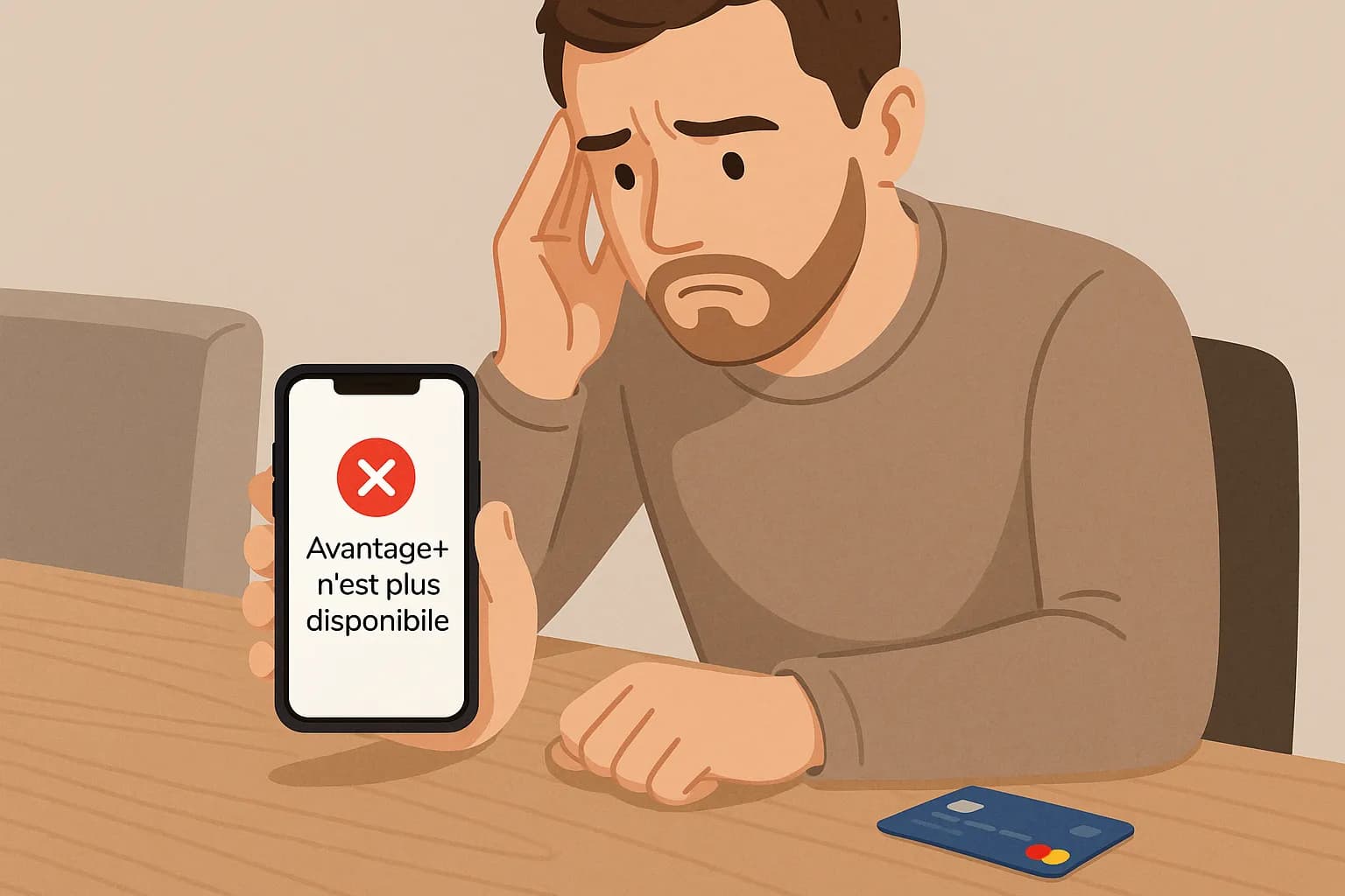 Client LCL consultant l’application mobile affichant un message « Avantage+ n’est plus disponible », assis à une table avec carte bancaire posée à côté, ton neutre, style photo lifestyle.