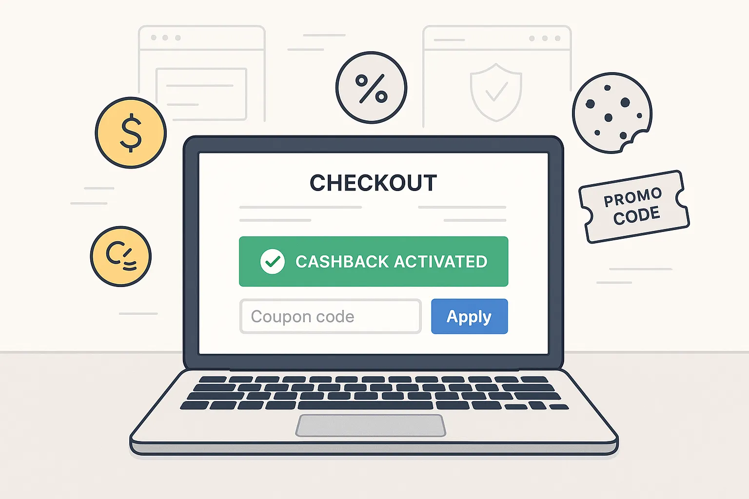 Infographie du tunnel d'achat idéal : activation du cashback → ajout au panier → application d'un code promo compatible → paiement, avec rappels sur les points de vigilance (cookies, changement d'onglet, extensions).