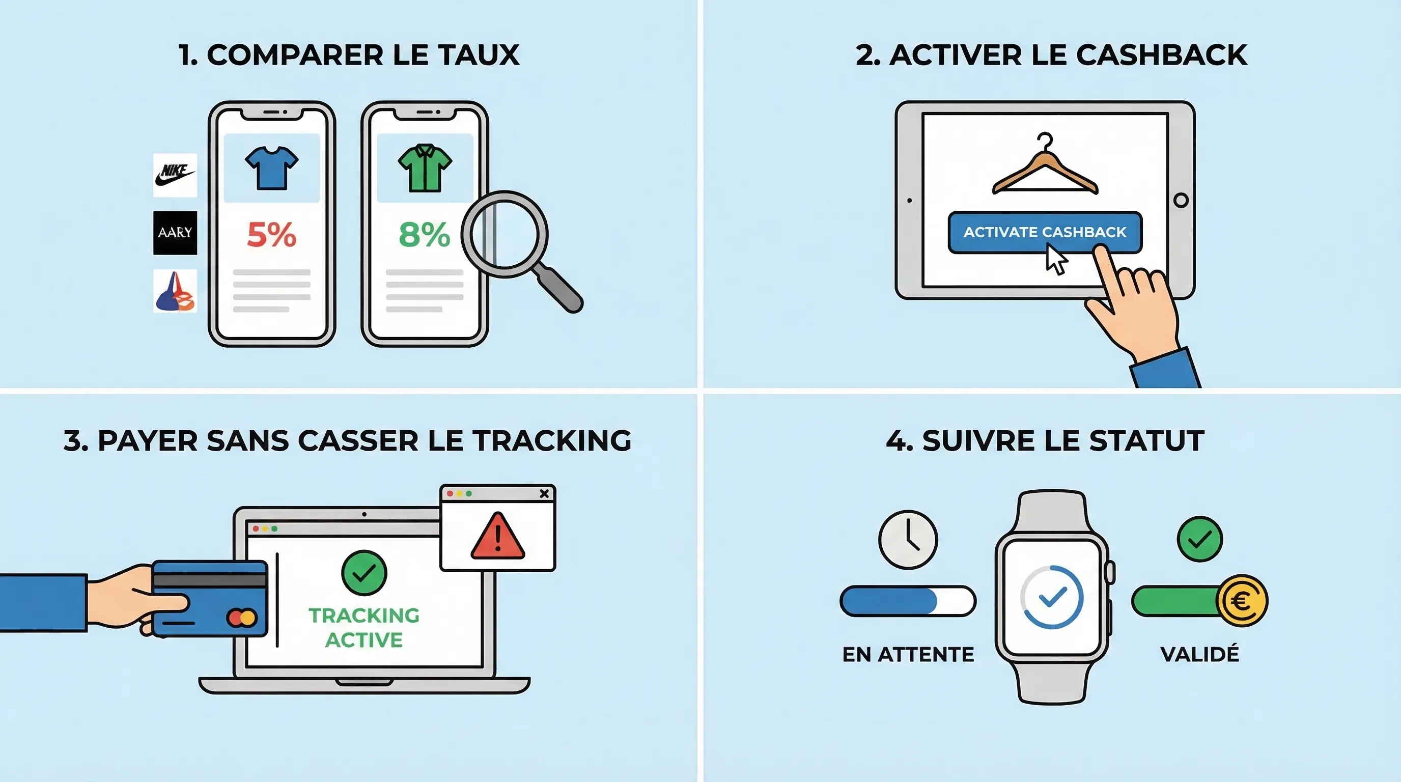 Illustration d’un parcours cashback pour un achat de vêtements en ligne avec 4 étapes simples : comparer le taux, activer le cashback, payer sans casser le tracking, puis suivre le statut en attente jusqu’à validation.