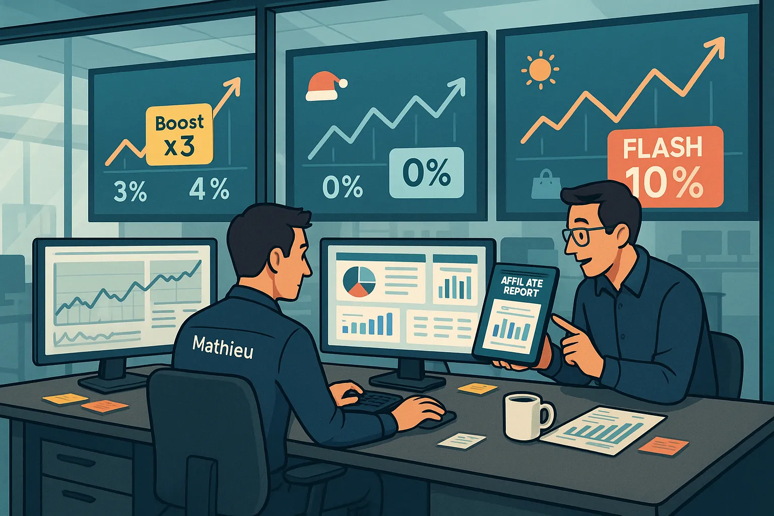 Un responsable marketing d'une grande enseigne e-commerce assis devant plusieurs écrans affichant des graphiques de vente, tandis qu'une collègue lui montre un rapport d'affiliation sur une tablette.