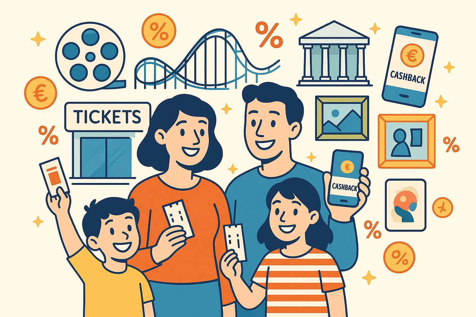 Tickets de cinéma, billets de parc et carte bancaire posés sur une table devant un écran affichant l'application Best Cashback et des taux — illustration des économies possibles sur les sorties et loisirs en 2025