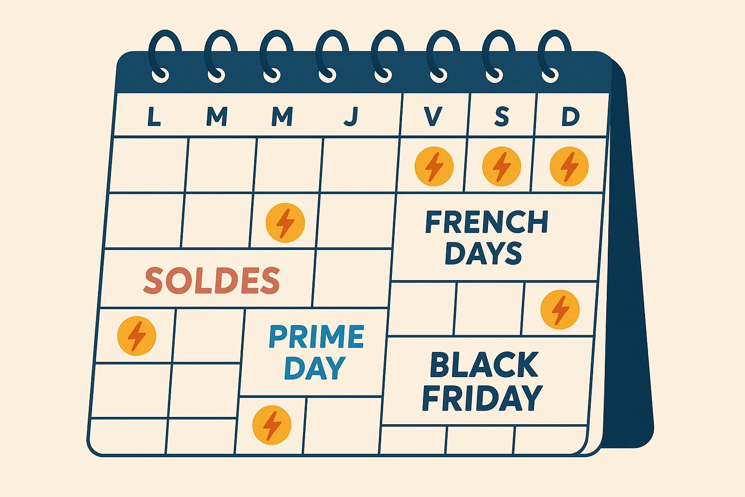 Un calendrier mensuel stylisé annoté avec les temps forts shopping (Soldes, French Days, Prime Day, Black Friday) et des icônes « boost » sur certaines dates, évoquant les pics d’actualité cashback.