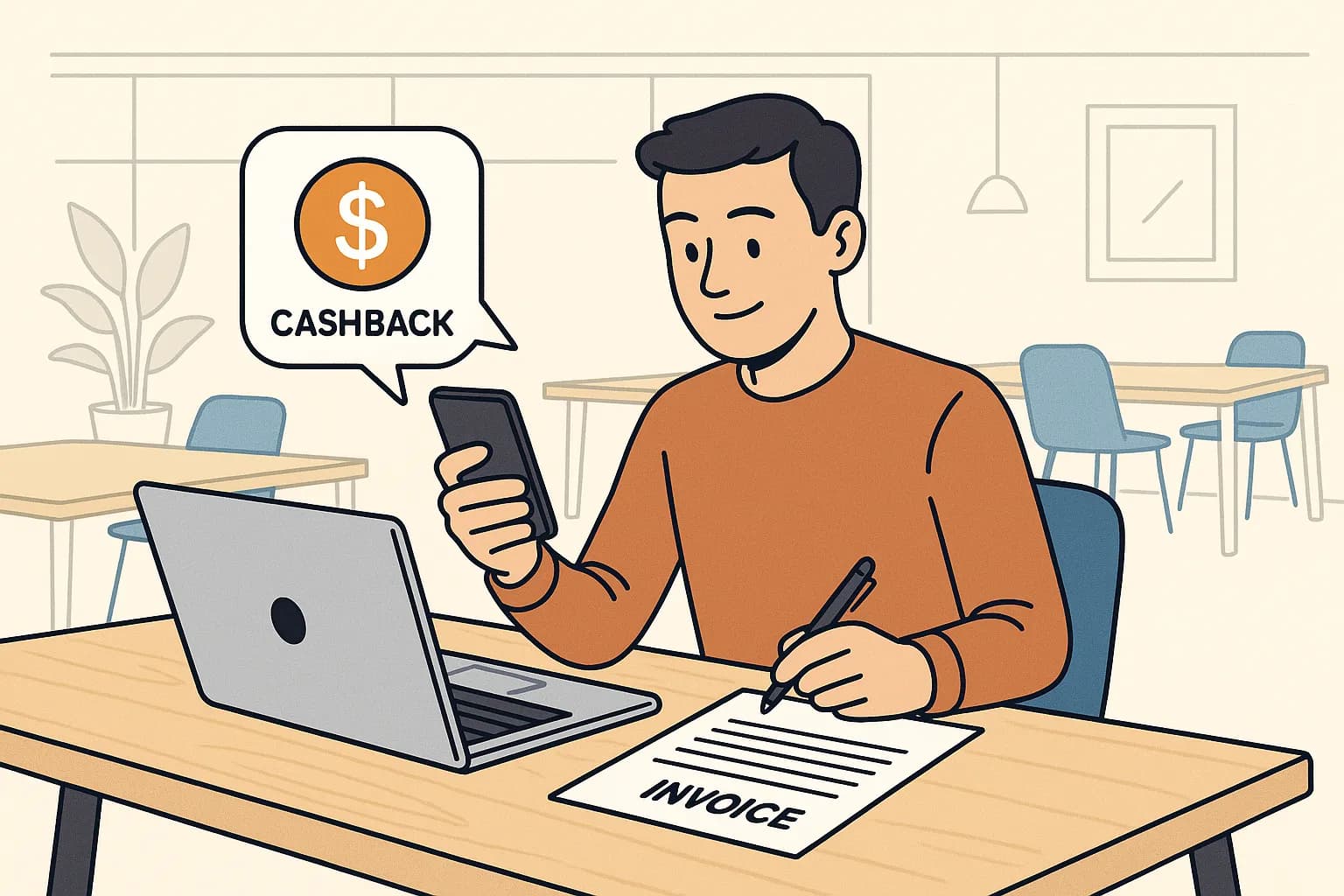 Un freelance assis à une table de coworking ouverte, ordinateur portable devant lui, reçoit une notification de cashback sur son smartphone tandis qu’il prépare sa prochaine facture.