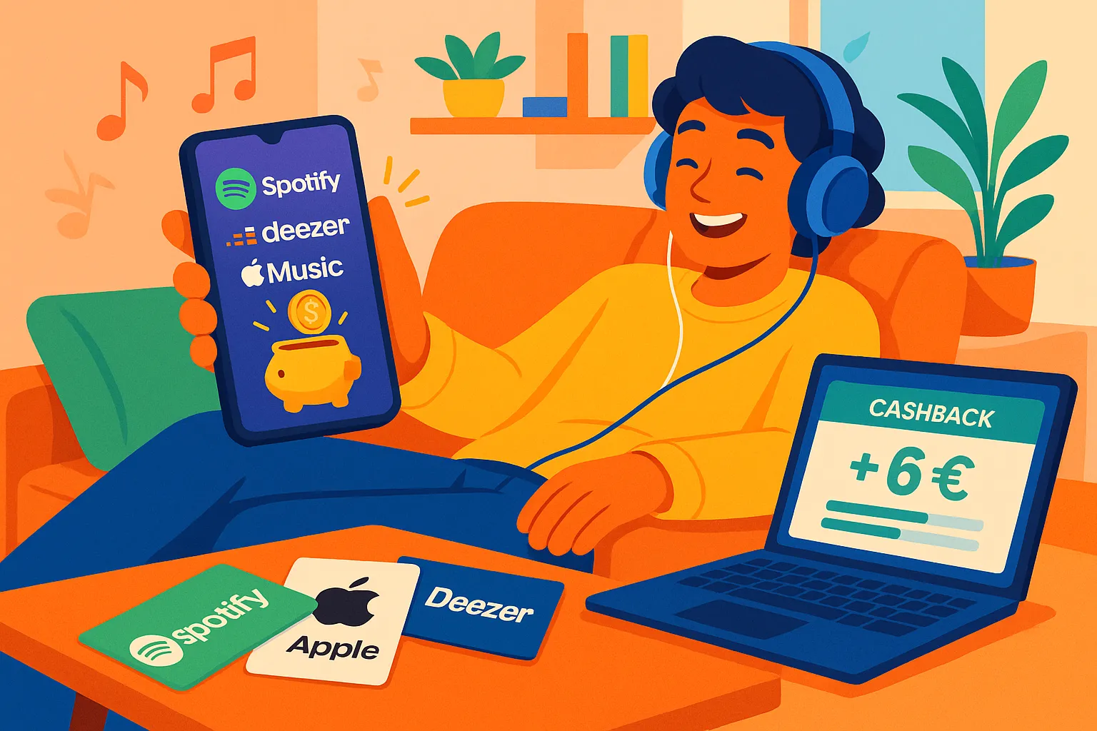 Un jeune mélomane assis sur un canapé, casque sur les oreilles, tenant son smartphone affichant l'icône Spotify avec des pièces d’or virtuelles tombant sur l’écran, symbolisant le cashback gagné