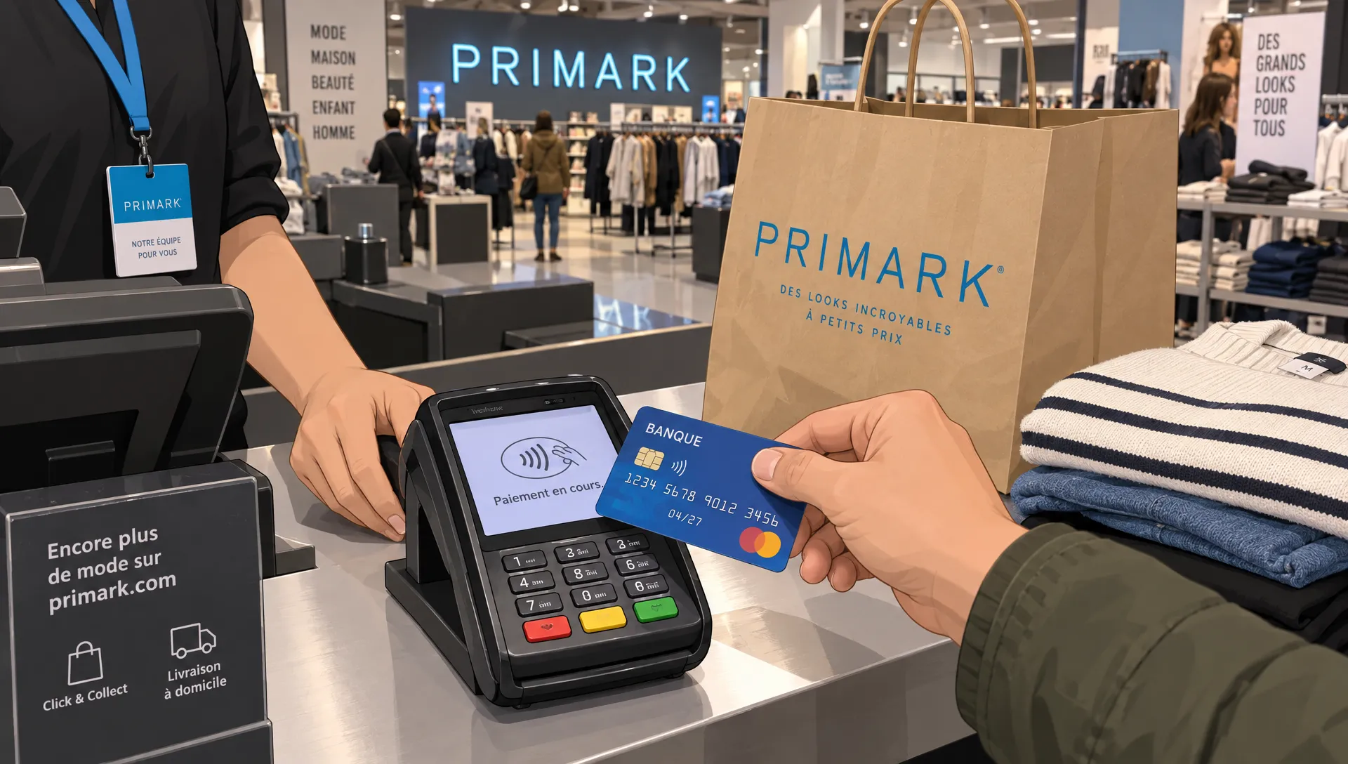 Une carte cadeau Primark et un ticket de caisse près de vêtements pliés, avec une calculatrice pour estimer le gain après achat.