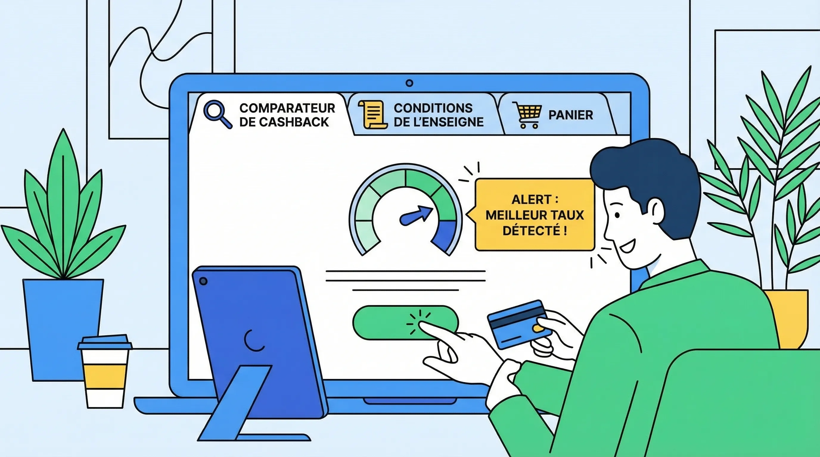 Illustration d’une personne faisant un achat en ligne avec trois onglets symboliques : comparateur de cashback, conditions de l’enseigne, panier. On voit une petite jauge de taux qui change et une alerte “meilleur taux détecté”.