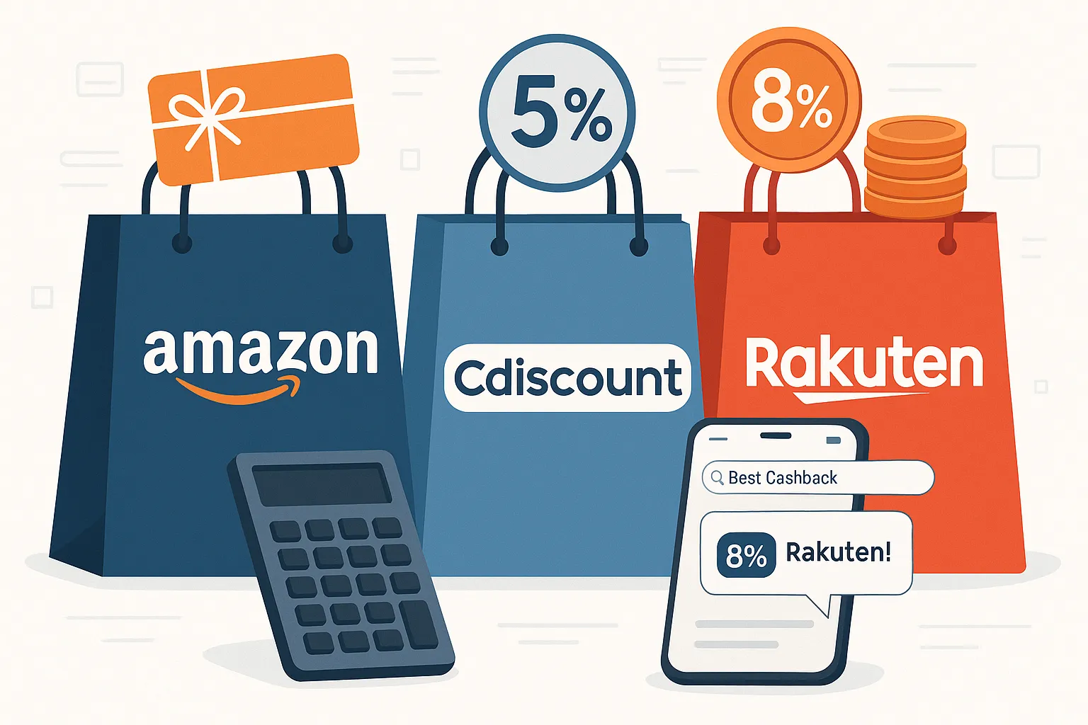 Un acheteur consulte trois écrans alignés : à gauche la page Amazon, au centre Cdiscount, à droite Rakuten, chacun affichant un encart « Cashback » avec des pourcentages distincts, tandis qu’une calculatrice et une tasse de café sont posées sur le bureau