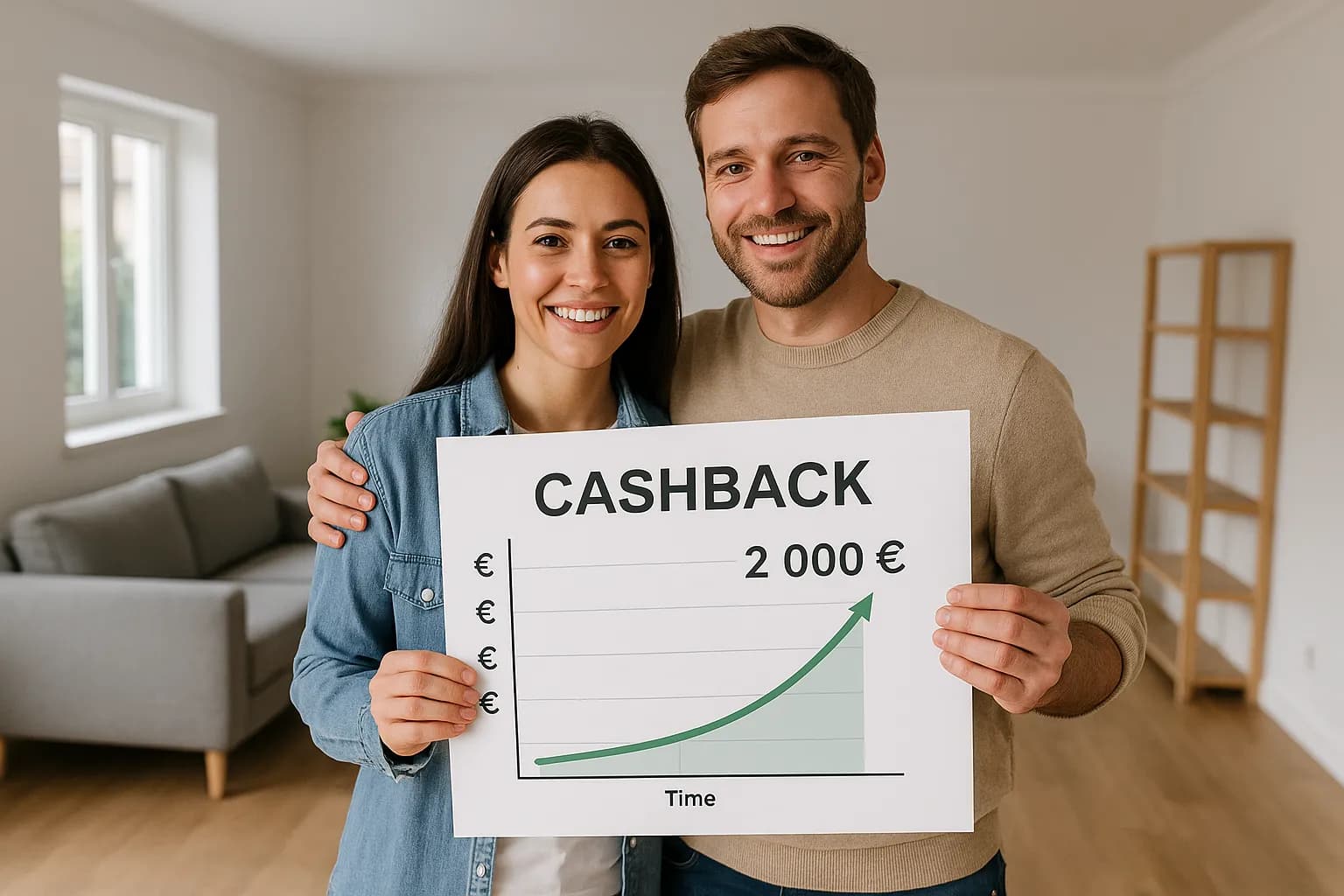 Un couple dans un salon fraîchement rénové, affichant fièrement un graphique montrant la progression de leur cagnotte cashback au-dessus de 2 000 €.
