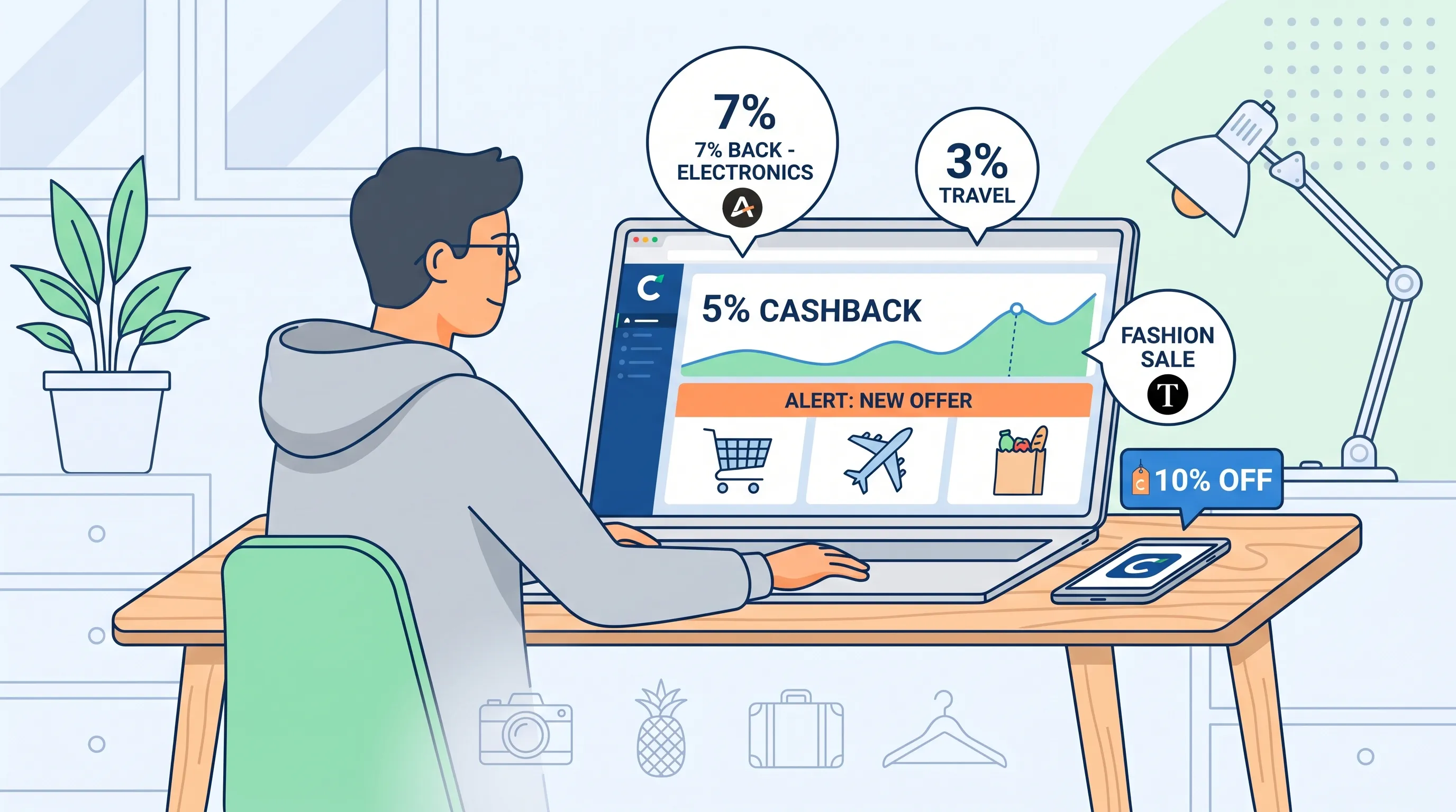 Écran de smartphone et d’ordinateur affichant des notifications de cashback, des pourcentages de taux changeants et une icône de panier, illustrant la surveillance des meilleurs taux et les alertes pour ne rater aucune opportunité.
