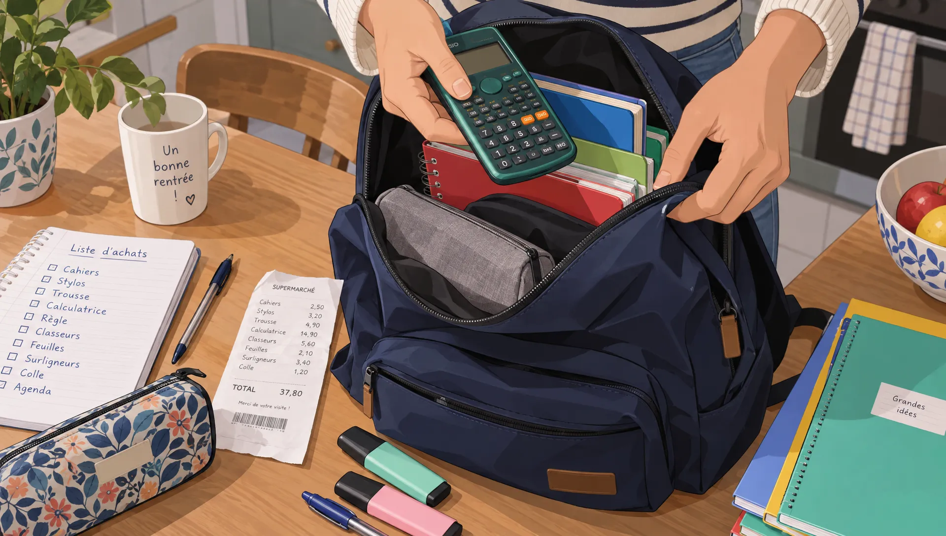 Un sac à dos réutilisable, des fournitures scolaires, des vêtements pliés, des chaussures et un casque de vélo réunis pour organiser les dépenses de rentrée.
