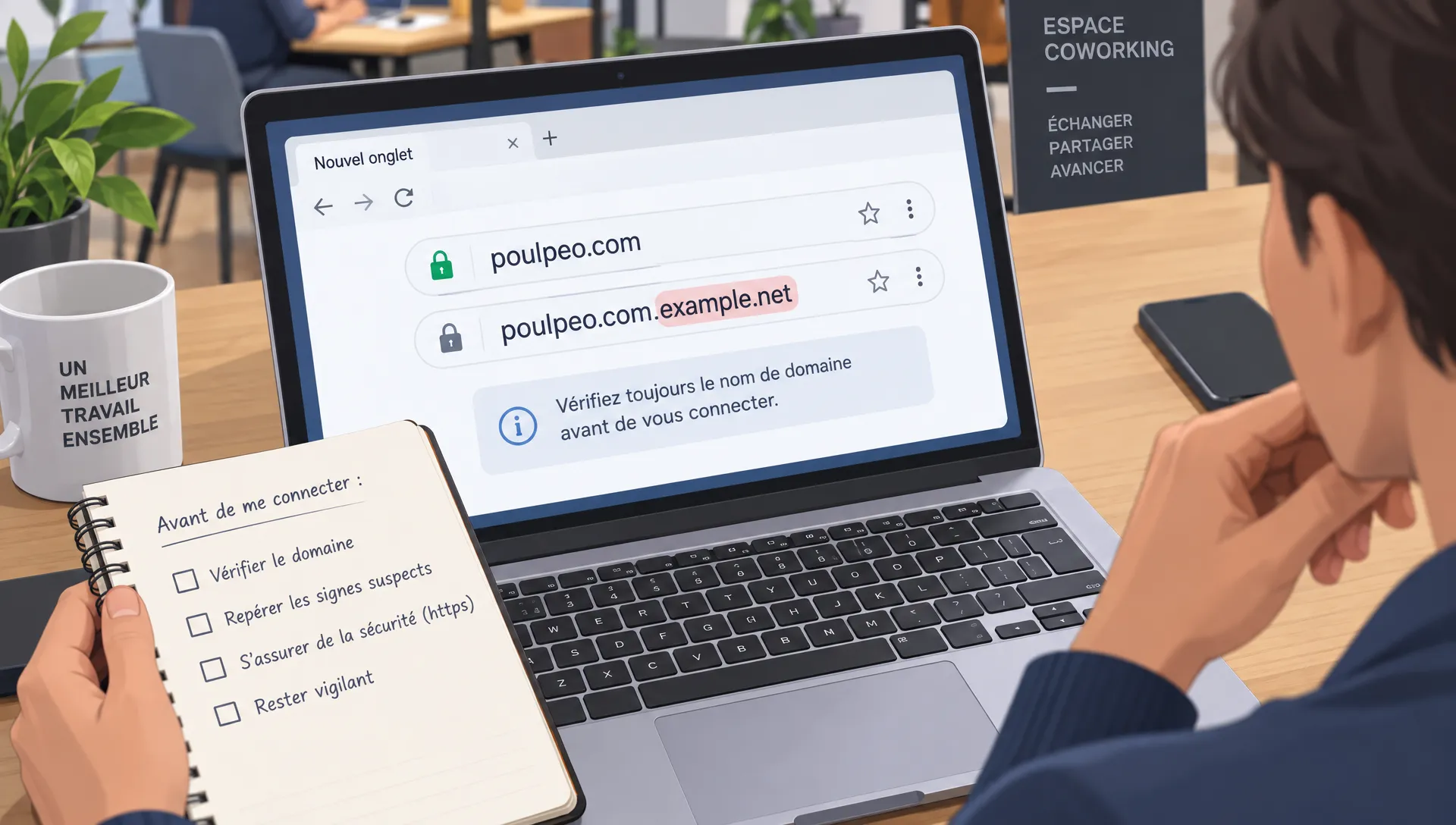 Un navigateur affiche poulpeo.com et une adresse fictive se terminant par example.net, pour aider à repérer une poulpeo arnaque.