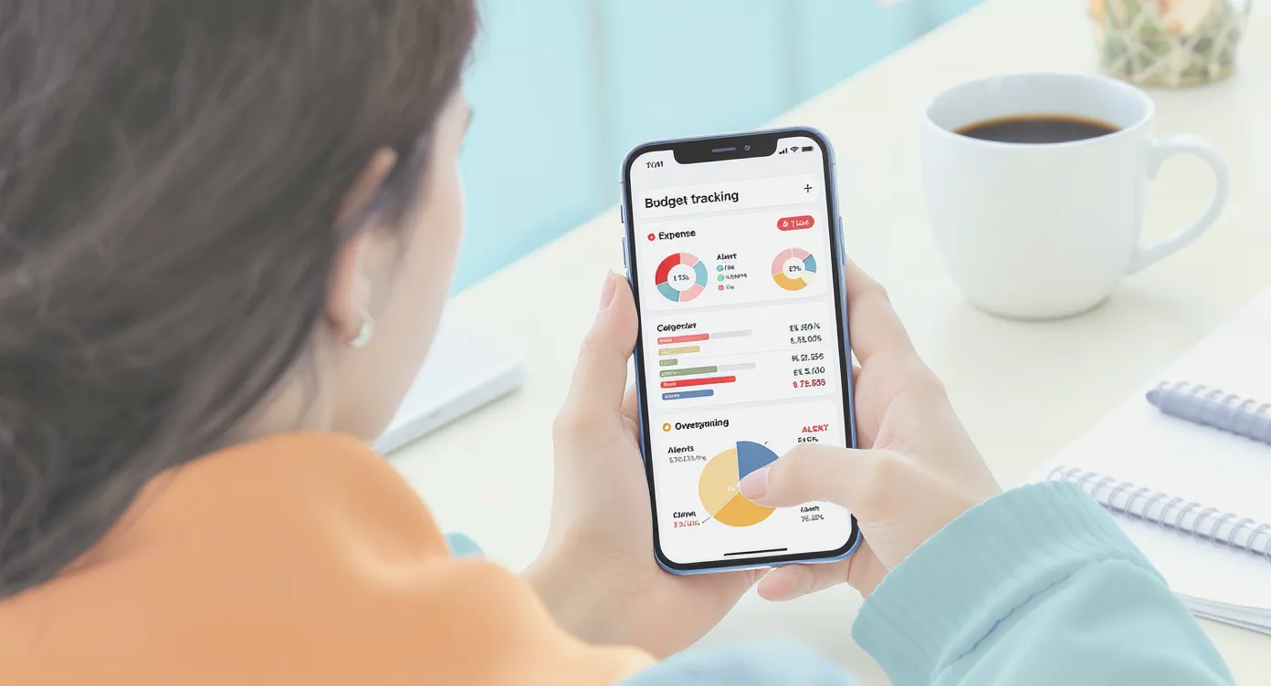 Une utilisatrice consulte sur son smartphone un tableau de suivi budgétaire coloré, avec des catégories de dépenses en camembert et des alertes de dépassement visibles. En arrière-plan, un mug de café sur un bureau lumineux renforce l’idée de planifi...