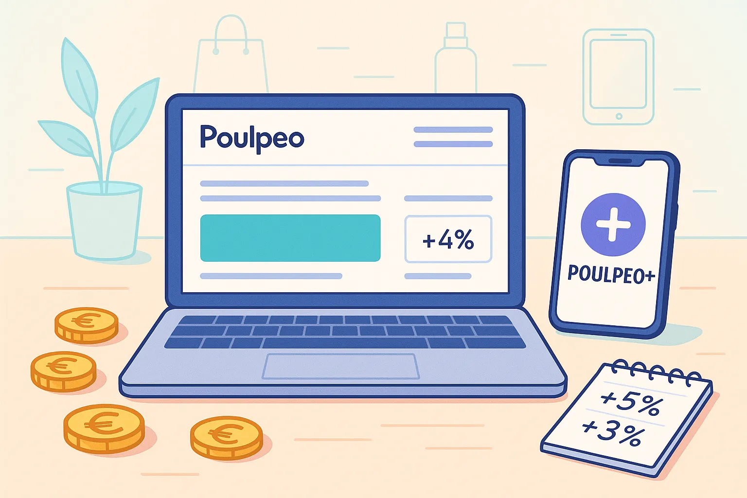 Un smartphone affichant l’interface Poulpeo, posé sur un bureau aux couleurs pastel avec quelques pièces de monnaie à côté, symbolisant le cashback accumulé.