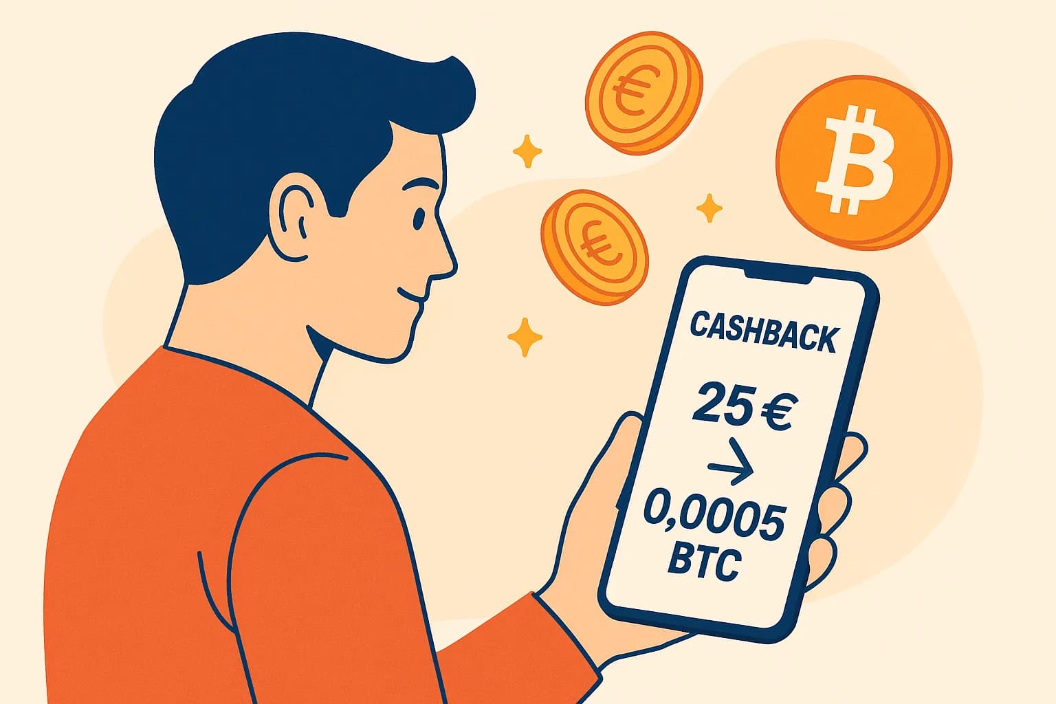 Un consommateur regarde son smartphone : sur l’écran, un graphique affiche la conversion d’un cashback de 25 € en 0,0005 BTC. Des pièces d’or et un symbole Bitcoin lévitent autour du téléphone pour illustrer la transformation d’euros en satoshis.