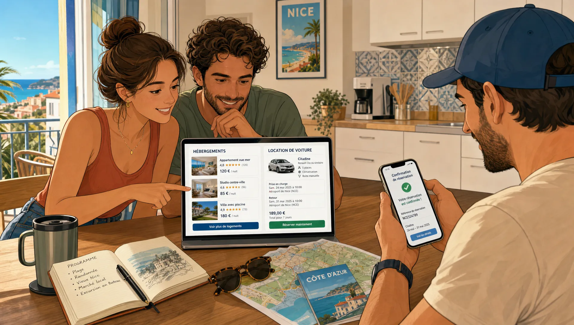 Une famille prépare un trajet de vacances avec des clés de voiture, des billets, des valises, une carte routière et un ordinateur affichant des offres de voyage.