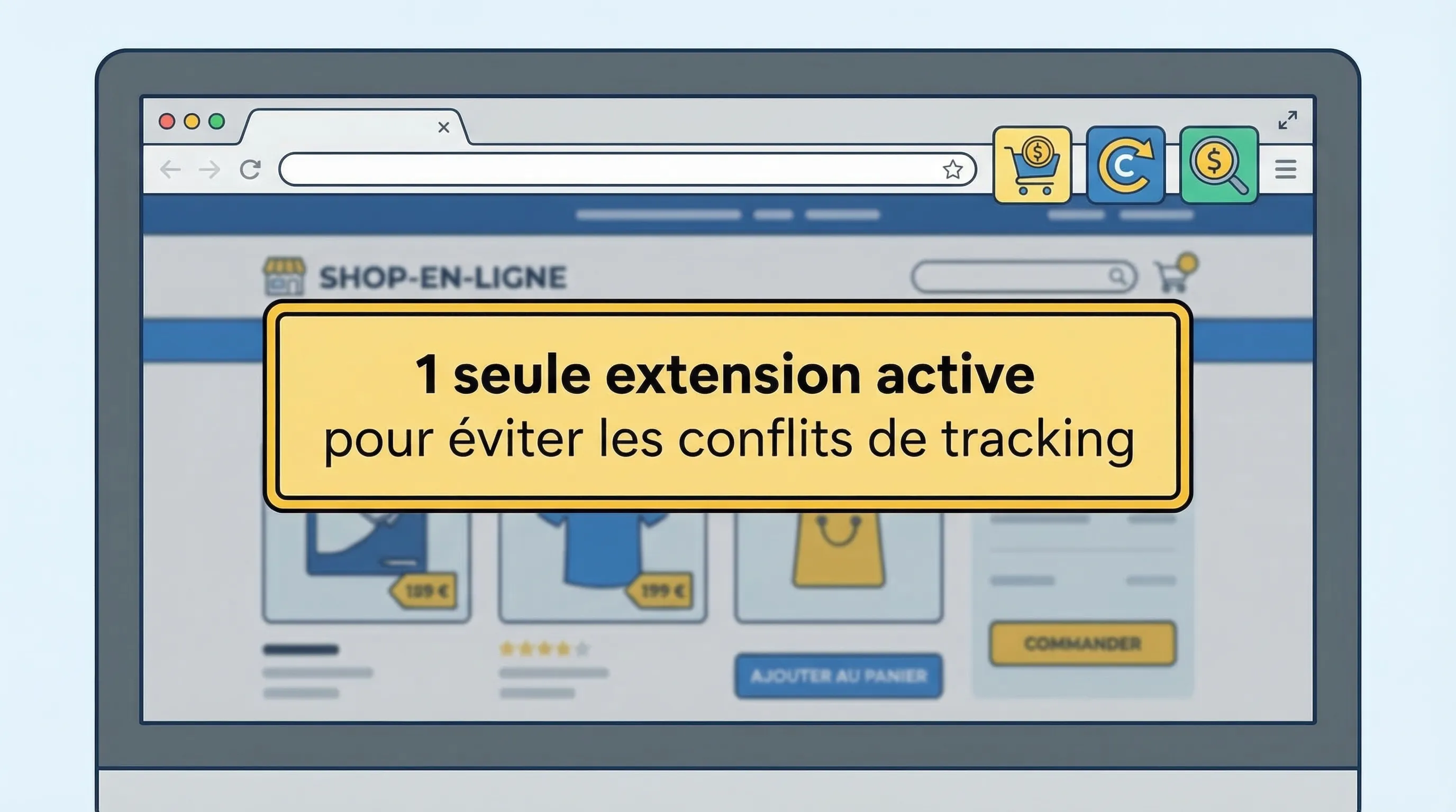Scène montrant un navigateur avec plusieurs extensions de cashback visibles et un panneau d’avertissement indiquant “1 seule extension active pour éviter les conflits de tracking”, avec une page e-commerce en arrière-plan.