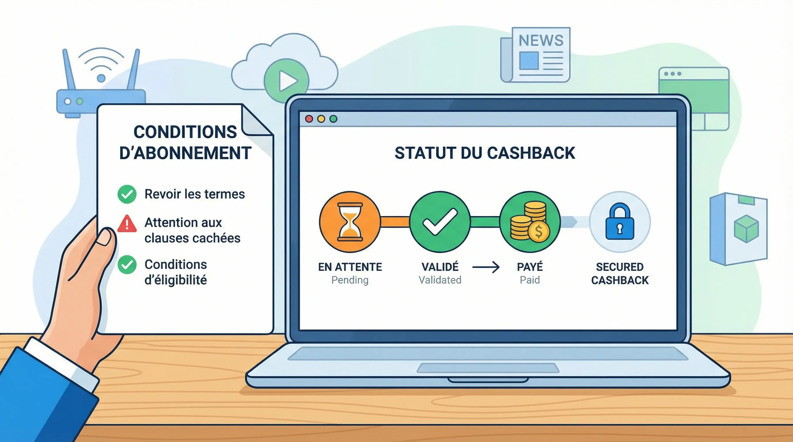 Smartphone affichant un tableau de bord cashback avec statuts « en attente » et « validé » à côté d’un contrat d’abonnement et d’une paire de ciseaux symbolisant la résiliation — illustration des risques de perte de cashback lors d’une annulation