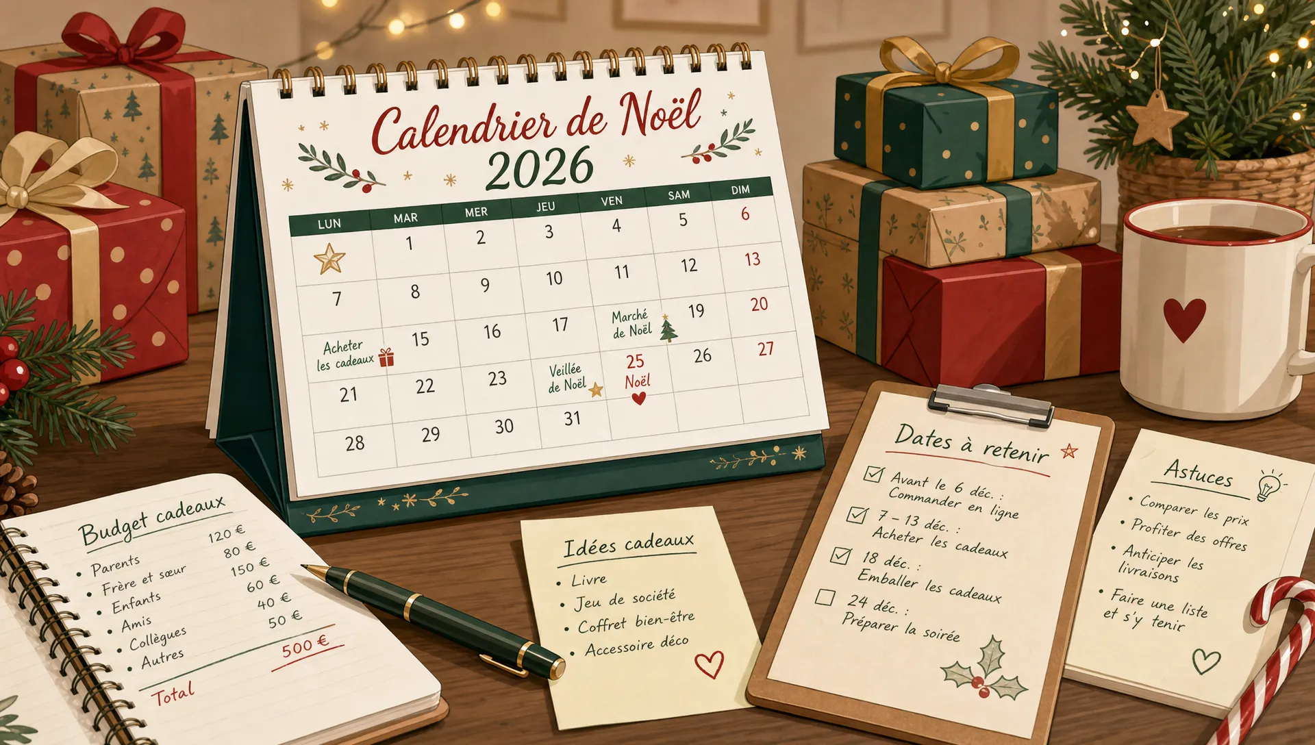 Un calendrier de Noël 2026 est posé près de paquets cadeaux et de notes sur le budget et les dates d’achat.