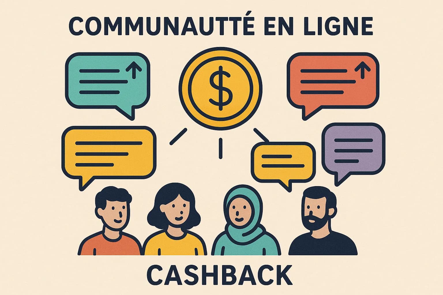 Illustration d’une communauté en ligne montrant des bulles de discussion colorées autour d’une icône de pièce de monnaie, symbolisant les votes et commentaires qui font grimper le taux de cashback.